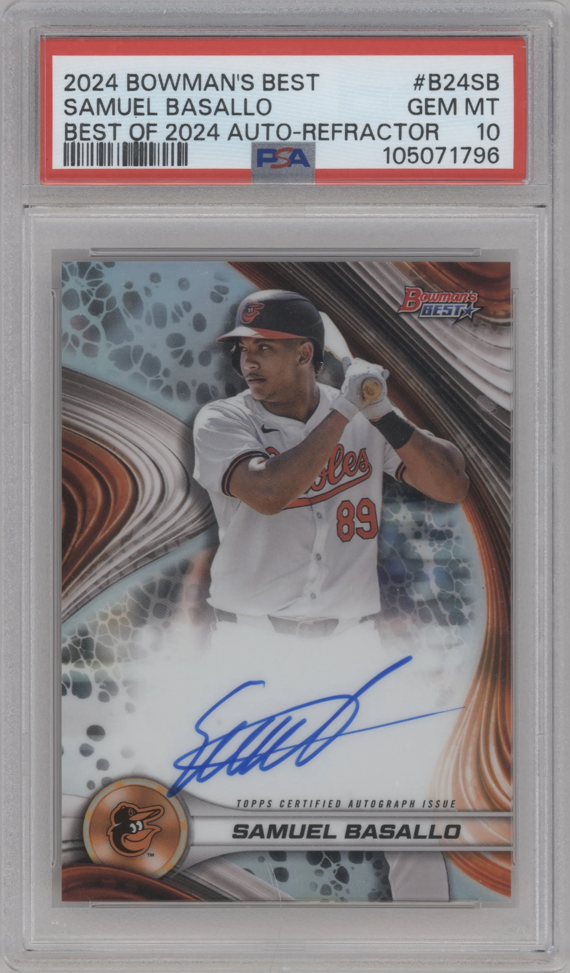 Samuel Basallo from the 2024 Bowman's Best set featuring a Refractor parallel graded by PSA and given an overall grade of 10.