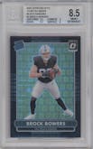 Brock Bowers from the 2024 Donruss Optic set featuring a Black Pandora parallel graded by Beckett and given an overall grade of 8.5.