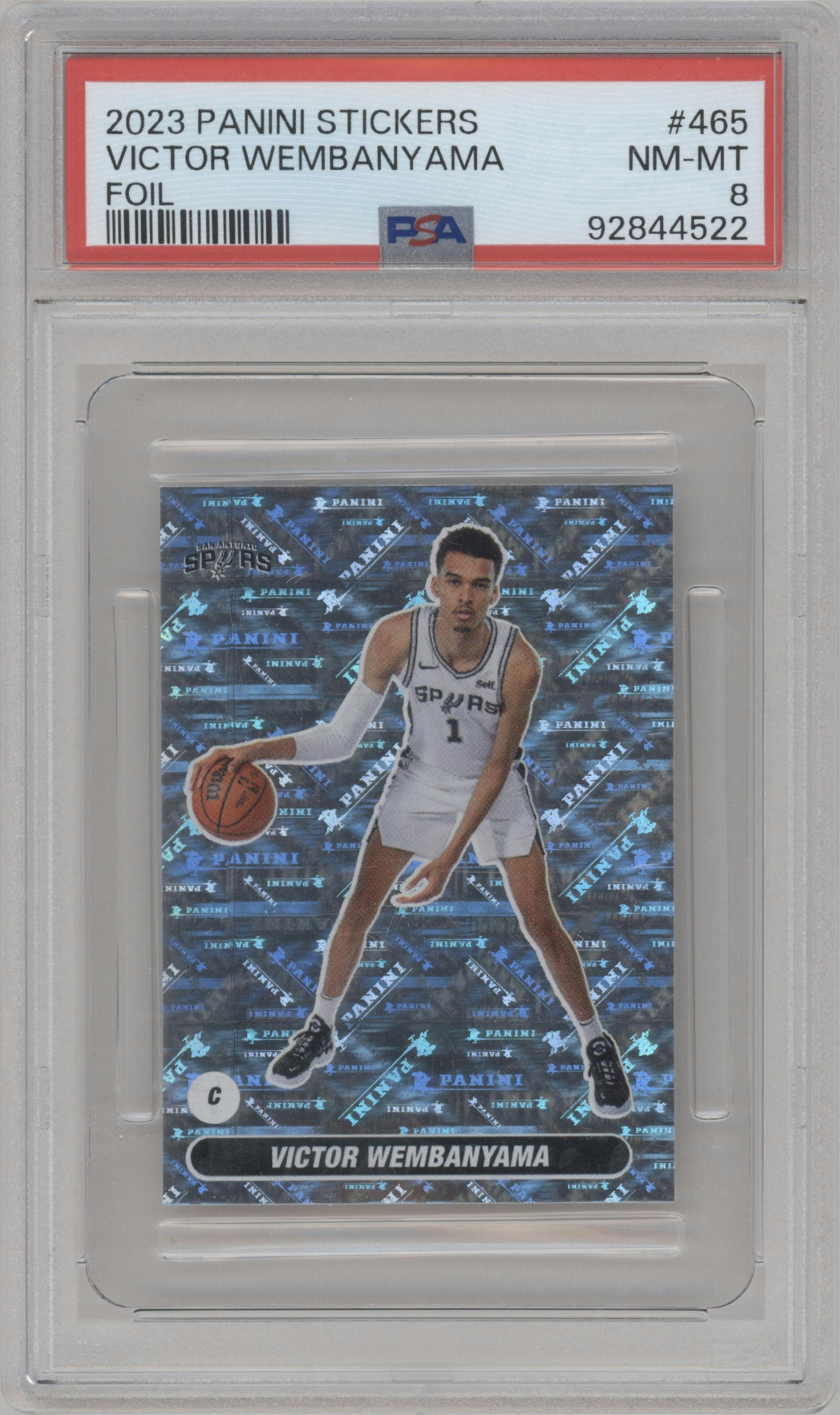 Victor Wembanyama from the 2023-24 Panini Sticker & Card Collection set graded by PSA and given an overall grade of 8.