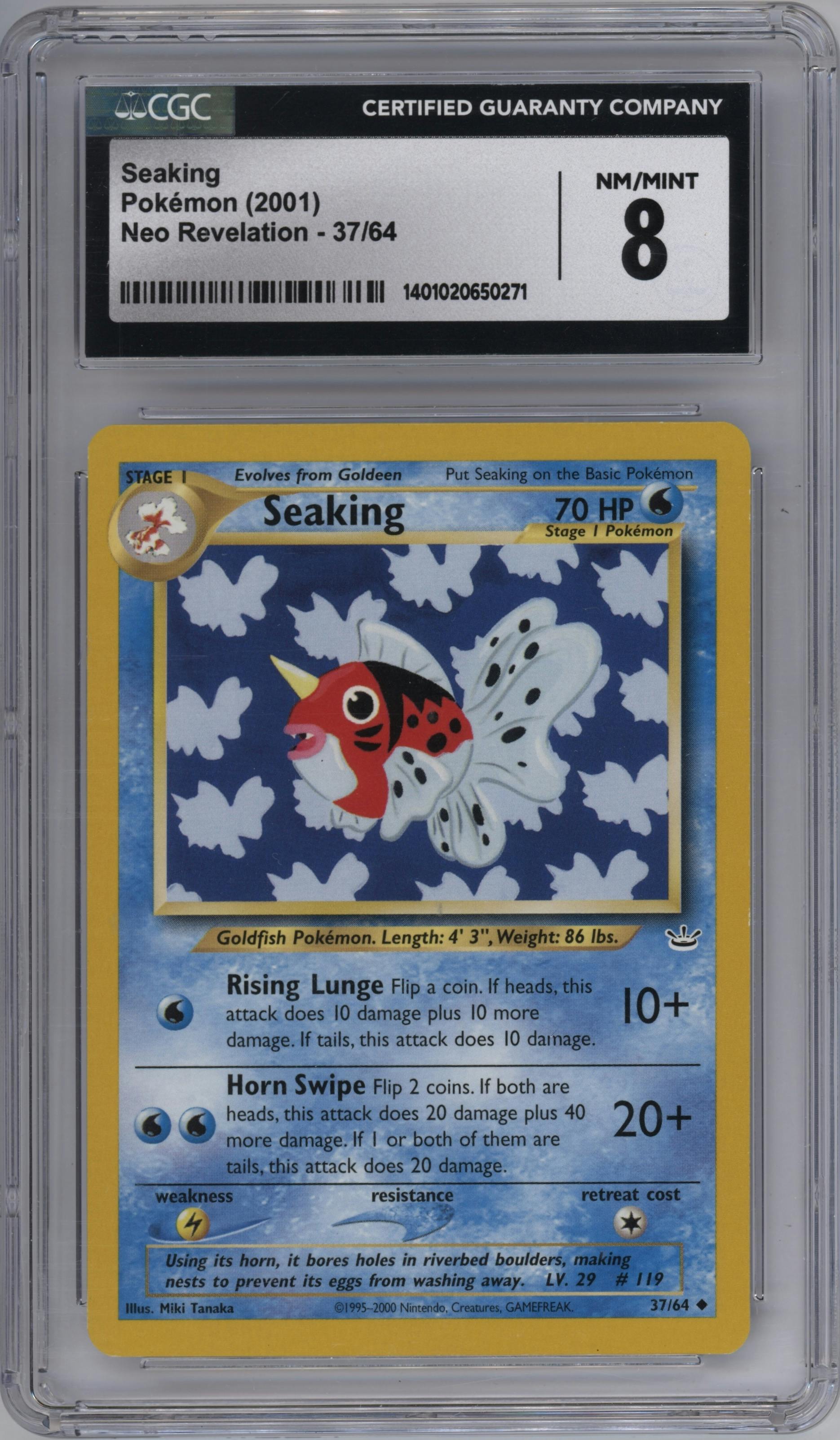 Seaking from the 2001 Pokemon Neo Genesis set graded by CSG and given an overall grade of 8.