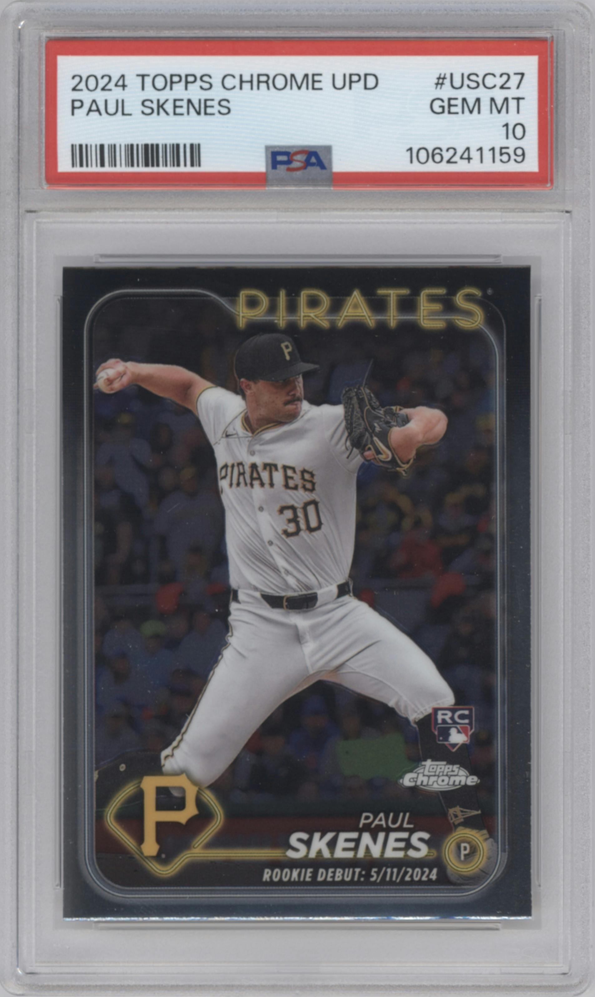 Paul Skenes from the 2024 Topps Chrome Update set graded by PSA and given an overall grade of 10.