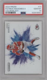 Patrick Mahomes II from the 2024 Panini Prizm set graded by PSA and given an overall grade of 10.