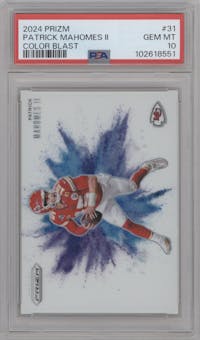 Patrick Mahomes II from the 2024 Panini Prizm set graded by PSA and given an overall grade of 10.