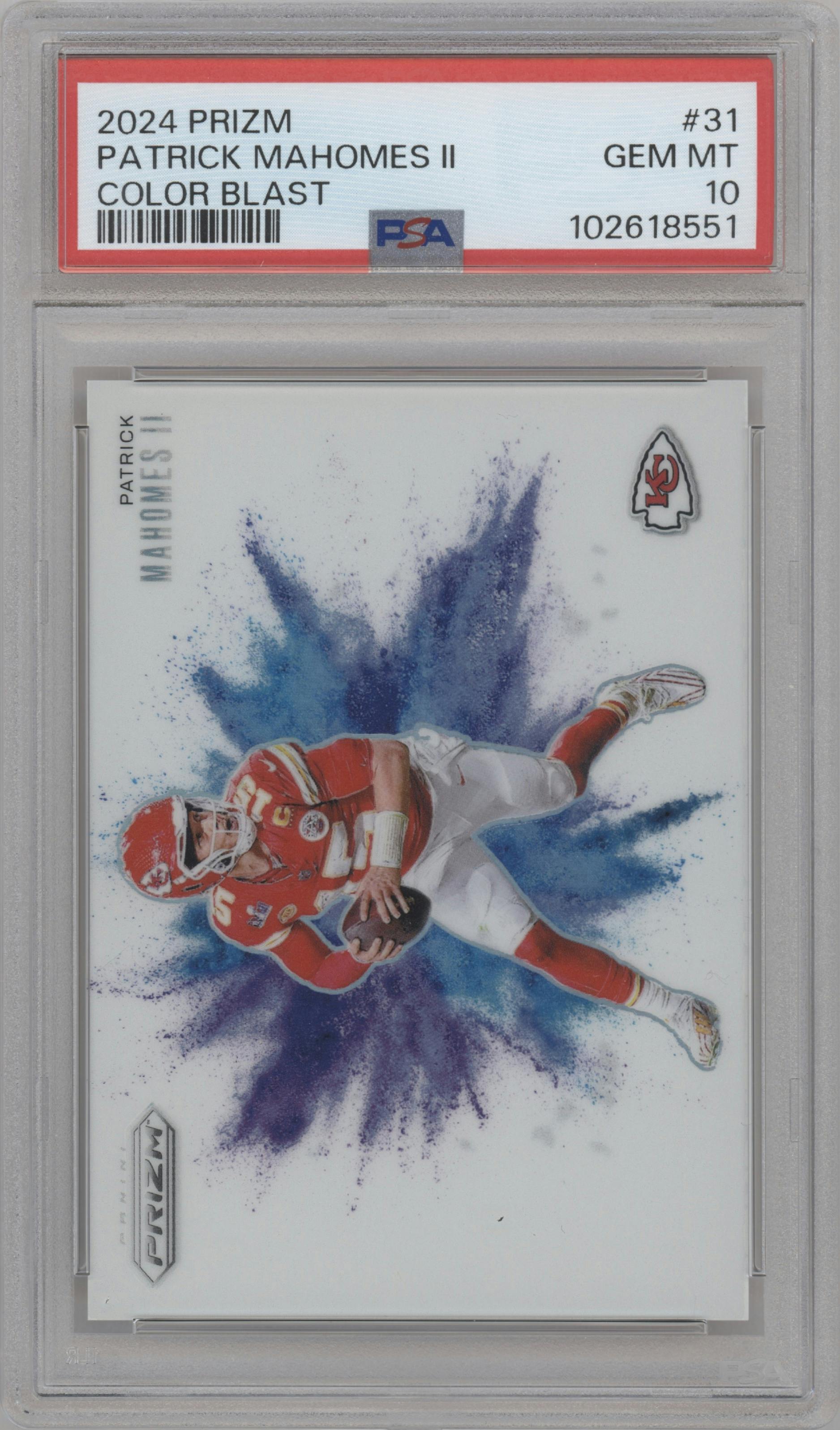 Patrick Mahomes II from the 2024 Panini Prizm set graded by PSA and given an overall grade of 10.