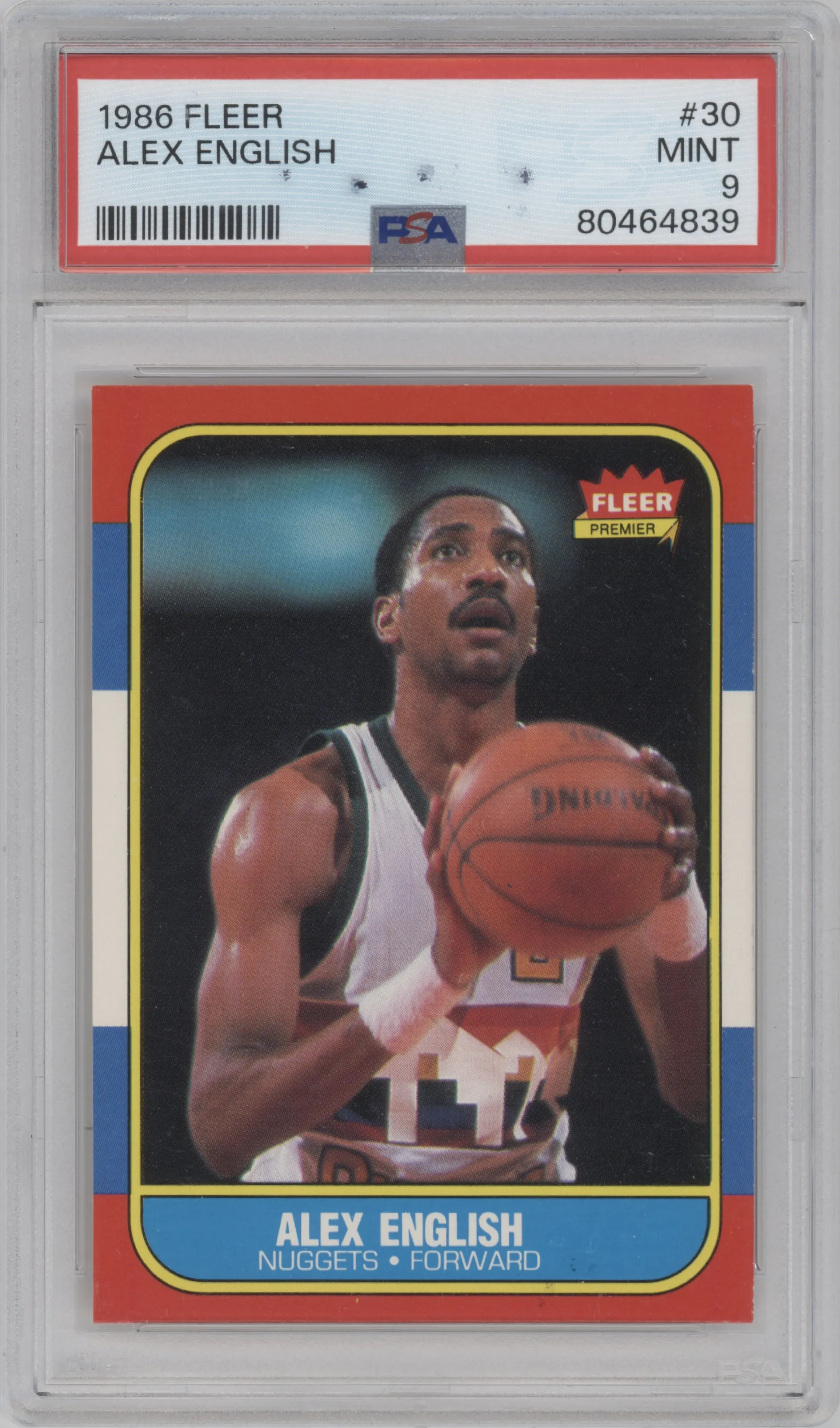 Alex English from the 1986-87 Fleer set graded by PSA and given an overall grade of 9.