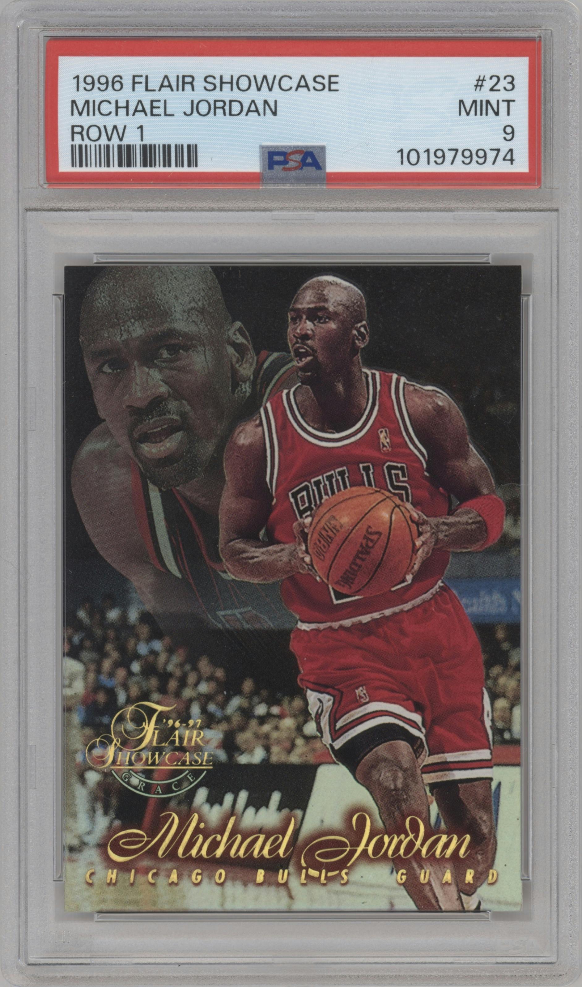 Michael Jordan from the 1996-97 Flair Showcase  set graded by PSA and given an overall grade of 9.