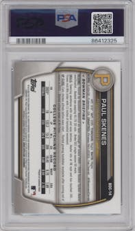 Paul Skenes from the 2023 Bowman Draft set featuring a Fuchsia Lunar Refractor parallel graded by PSA and given an overall grade of 9.