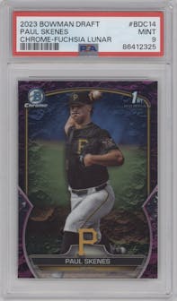 Paul Skenes from the 2023 Bowman Draft set featuring a Fuchsia Lunar Refractor parallel graded by PSA and given an overall grade of 9.