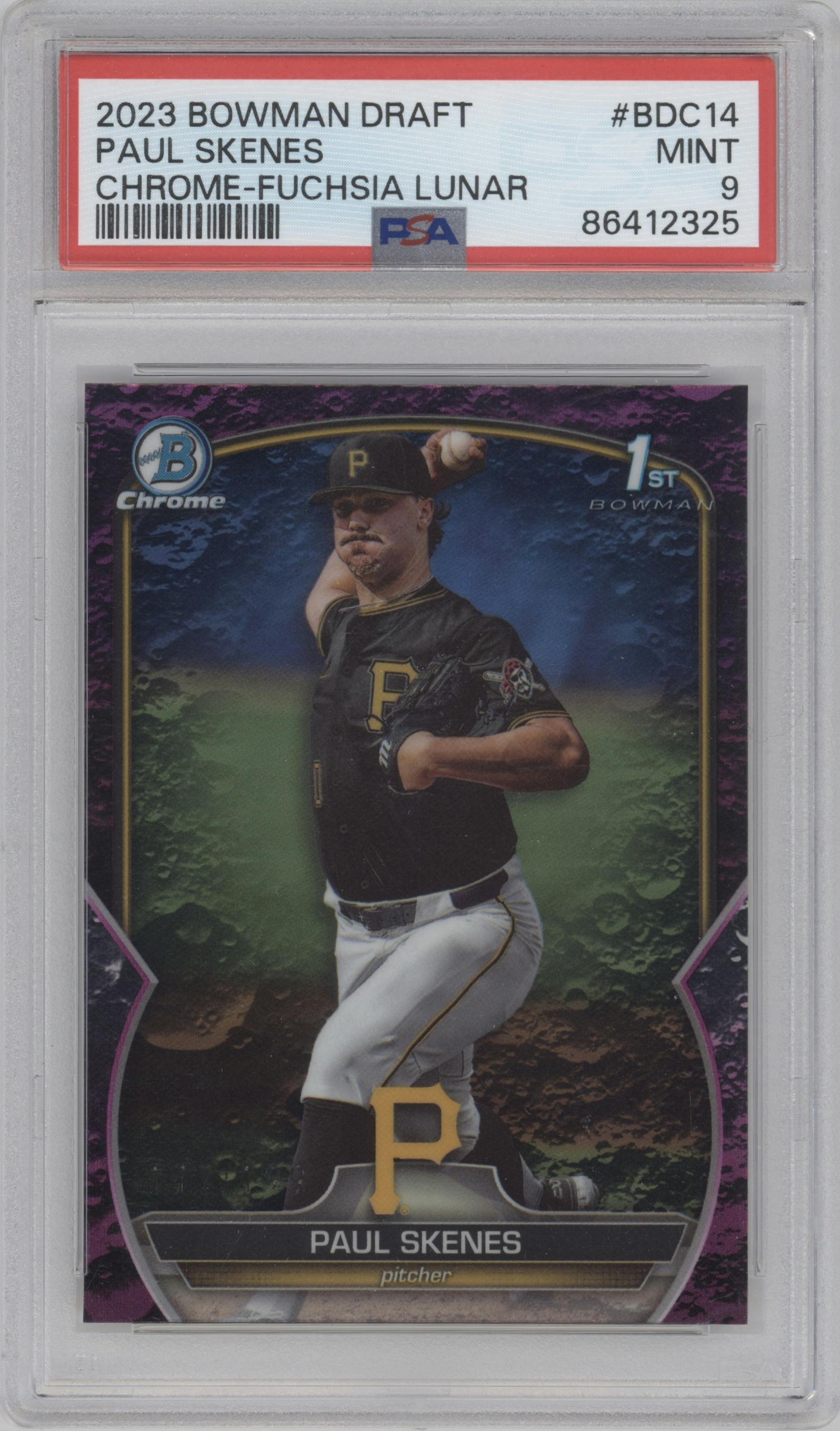 Paul Skenes from the 2023 Bowman Draft set featuring a Fuchsia Lunar Refractor parallel graded by PSA and given an overall grade of 9.