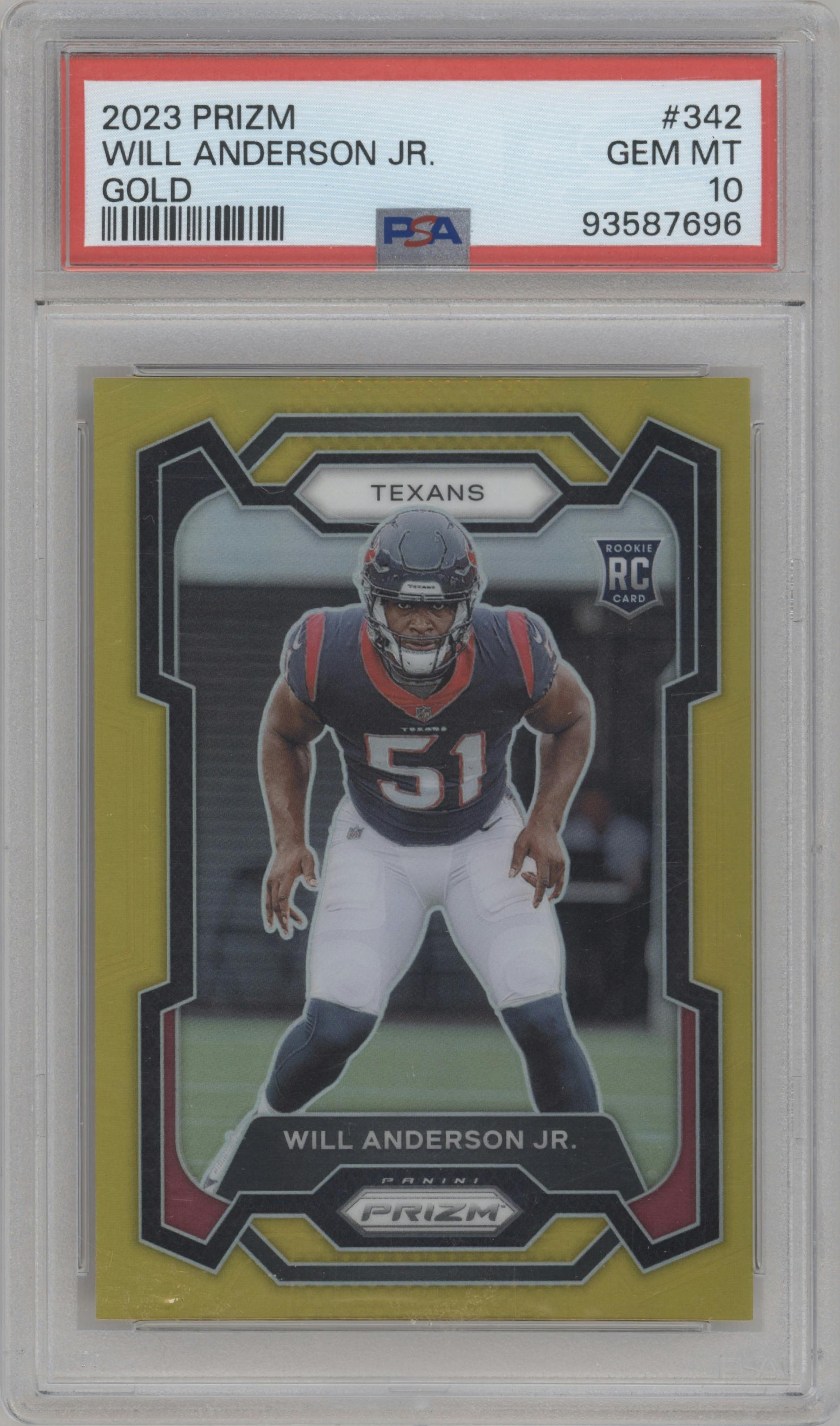 Will Anderson Jr. from the 2023 Panini Prizm set featuring a Gold Prizm parallel graded by PSA and given an overall grade of 10.