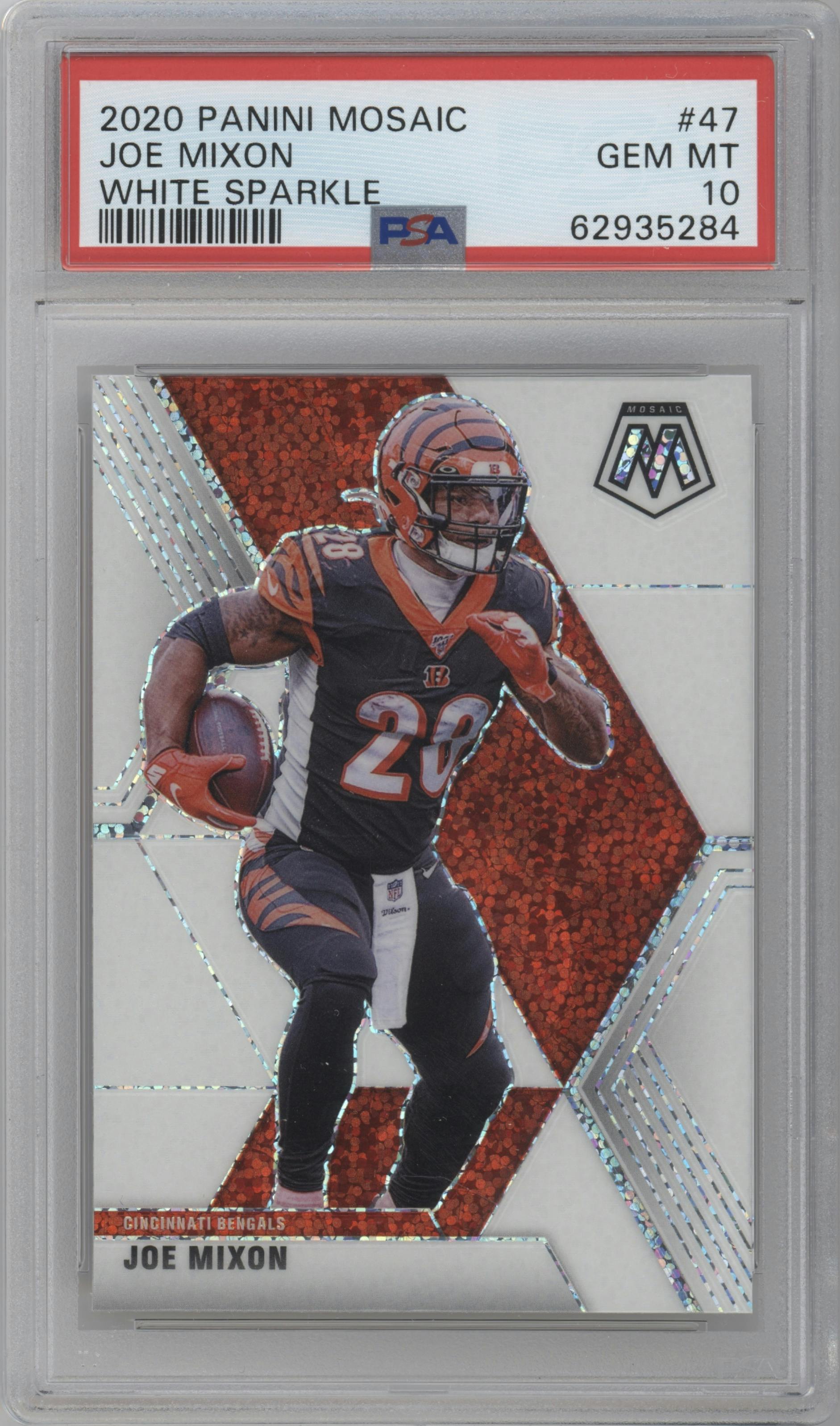 Joe Mixon from the 2020 Panini Mosaic set featuring a White Sparkle parallel graded by PSA and given an overall grade of 10.