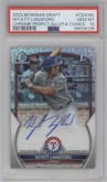 Wyatt Langford from the 2023 Bowman Draft set featuring a HTA Choice Refractor parallel graded by PSA and given an overall grade of 10.