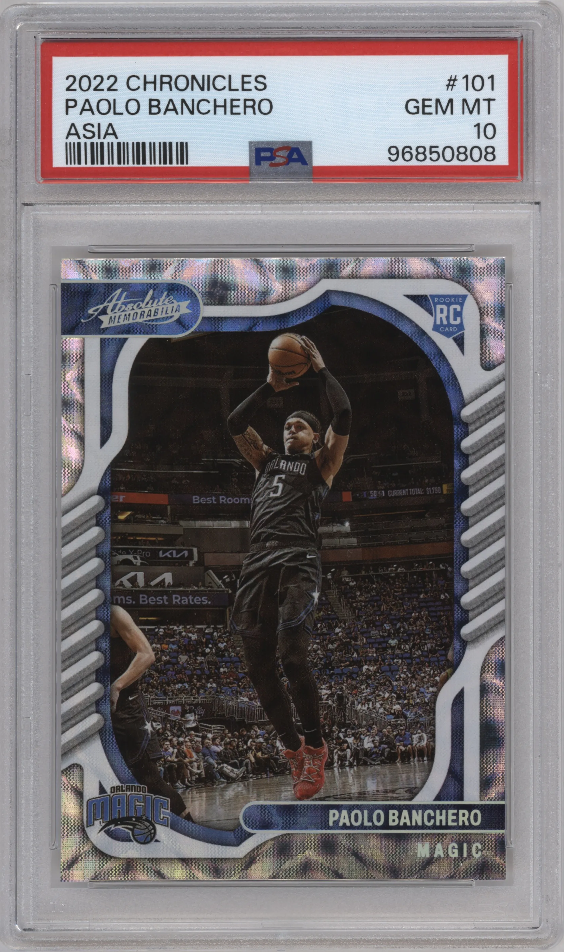 Paolo Banchero from the 2022-23 Panini Chronicles  set featuring a Asia parallel graded by PSA and given an overall grade of 10.