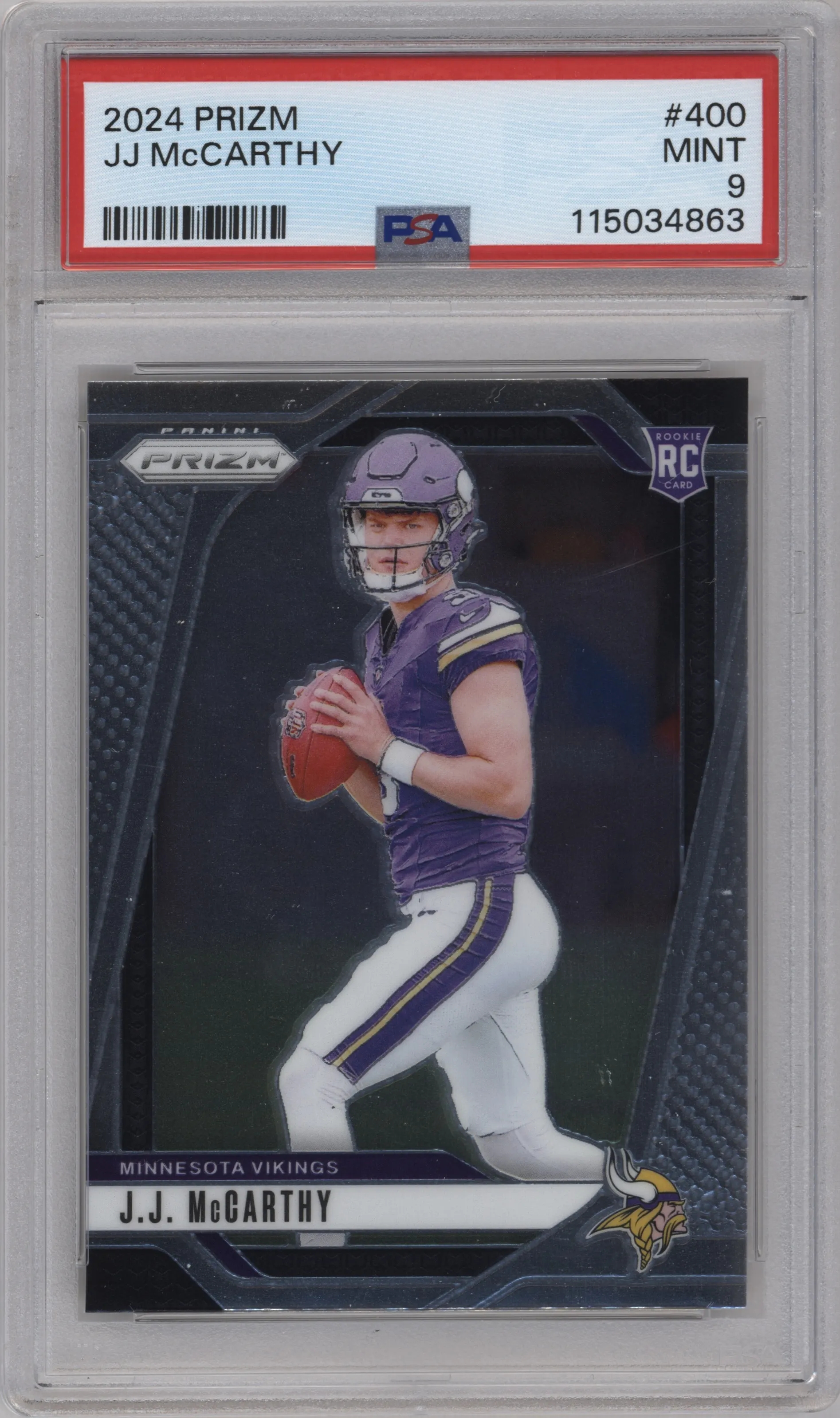 J.J. McCarthy from the 2024 Panini Prizm set graded by PSA and given an overall grade of 9.