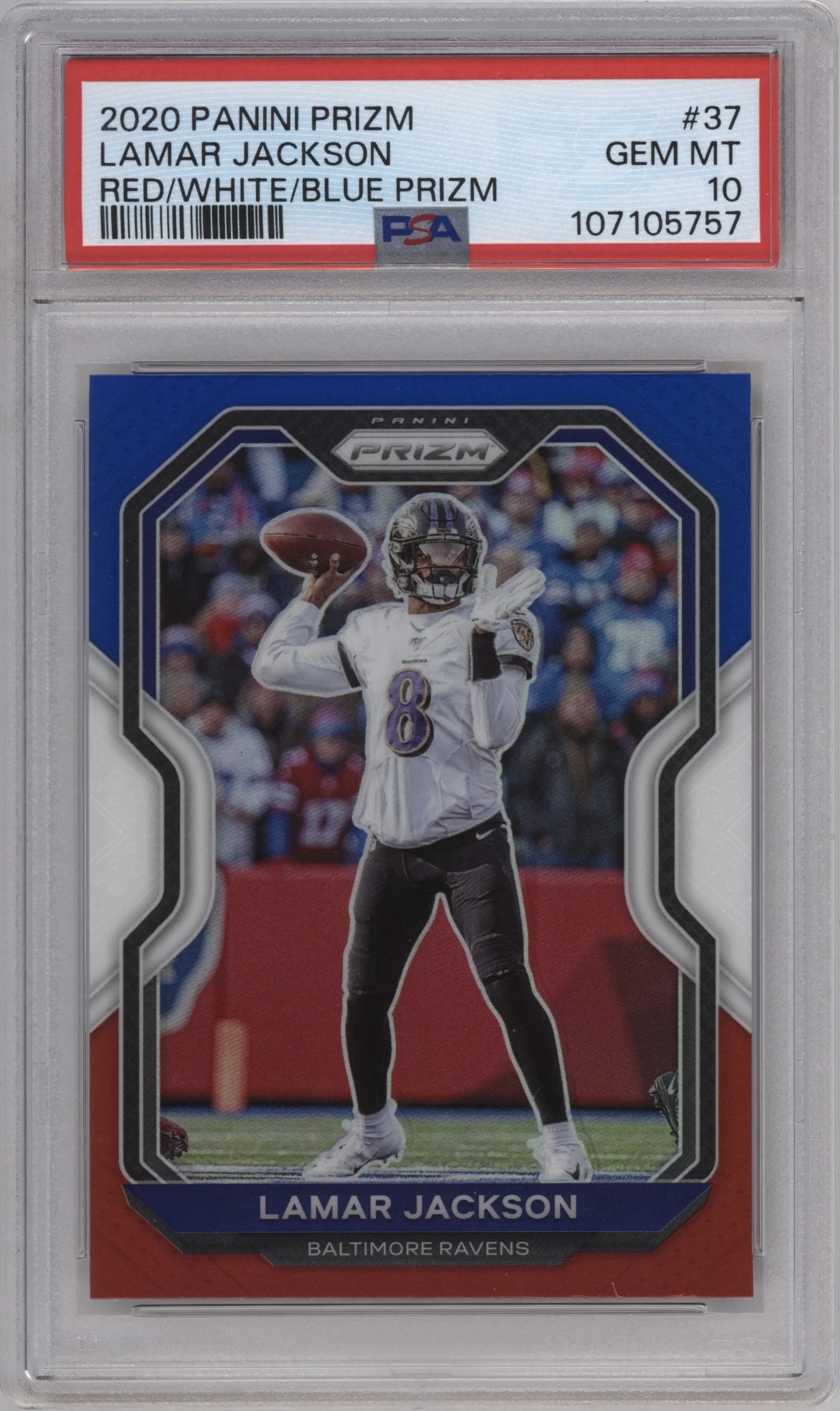 Lamar Jackson from the 2020 Panini Prizm set featuring a Red/White/Blue Prizm parallel graded by PSA and given an overall grade of 10.