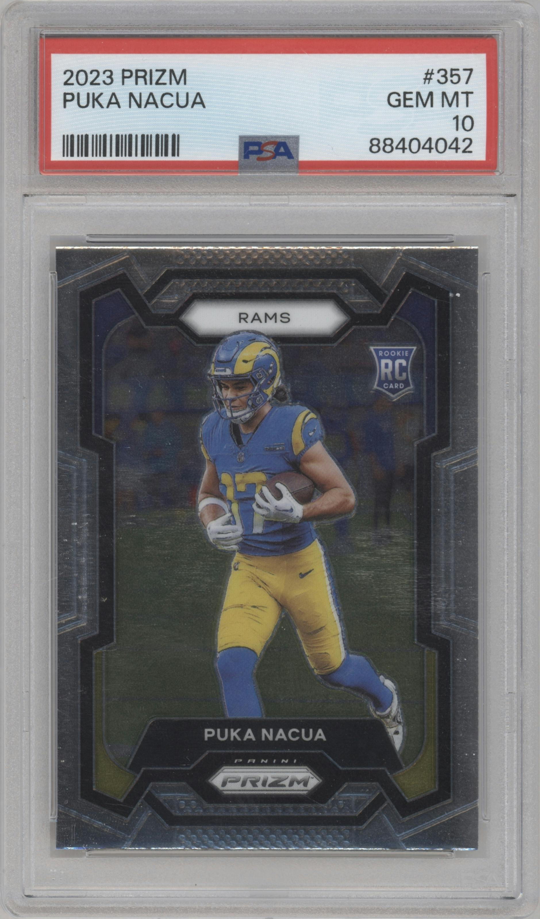 Puka Nacua from the 2023 Panini Prizm set graded by PSA and given an overall grade of 10.