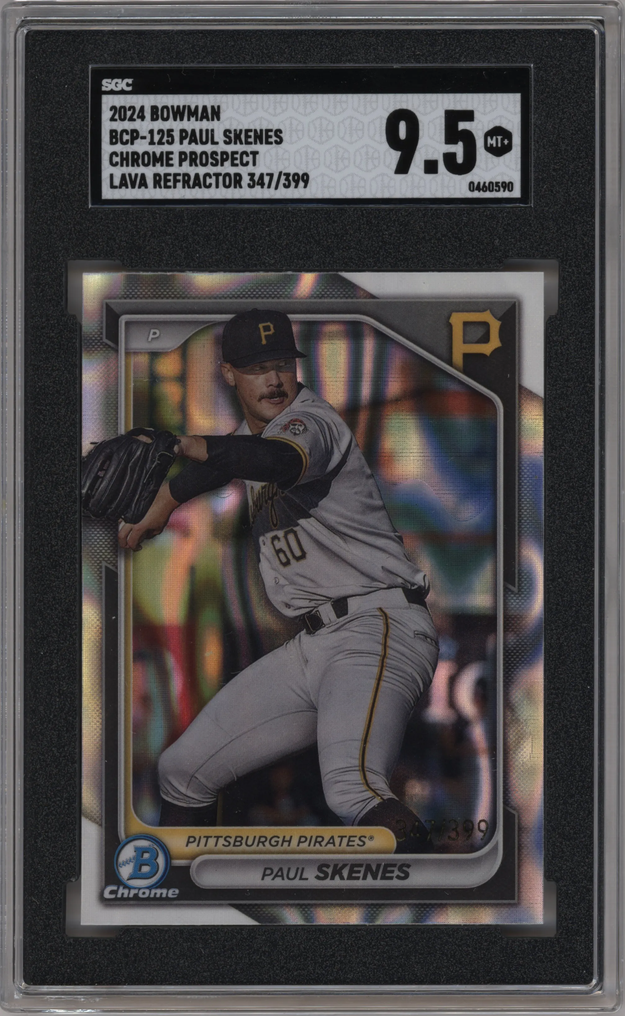 Paul Skenes from the 2024 Bowman set featuring a Lava Refractor parallel graded by SGC and given an overall grade of 9.5.