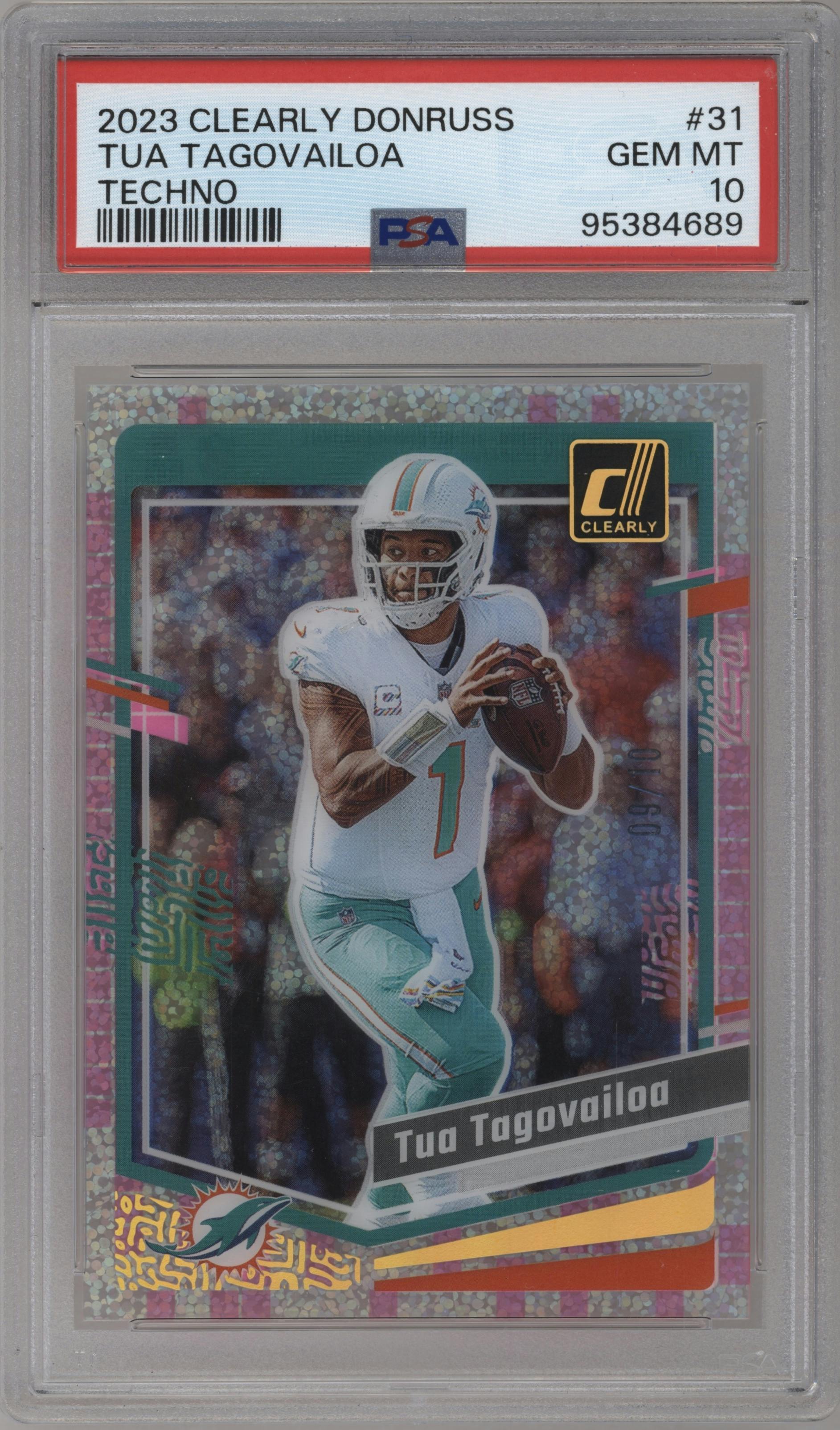 Tua Tagovailoa  from the 2023 Clearly Donruss set featuring a Techno parallel graded by PSA and given an overall grade of 10.