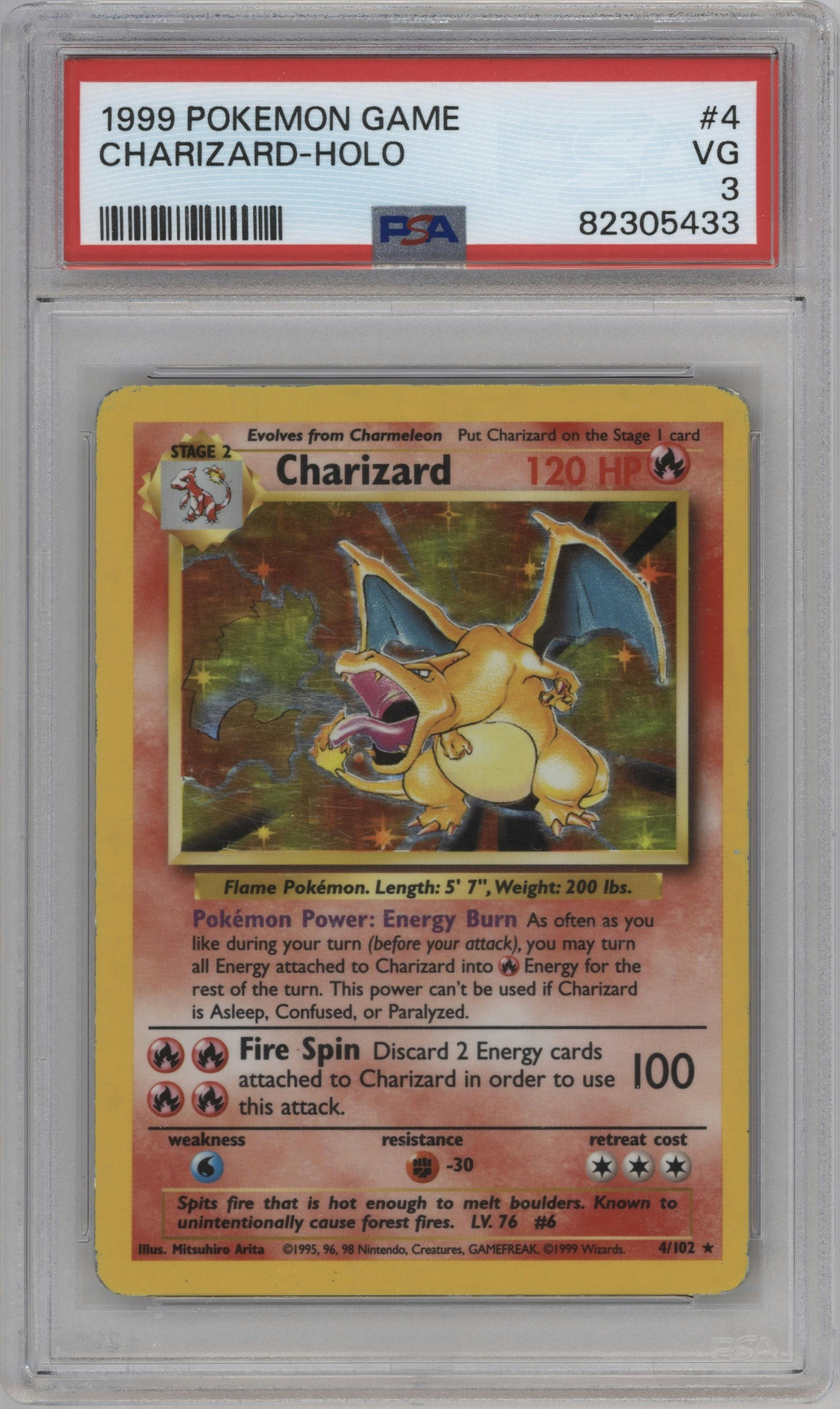 Charizard from the 1999 Pokemon set graded by PSA and given an overall grade of 3.
