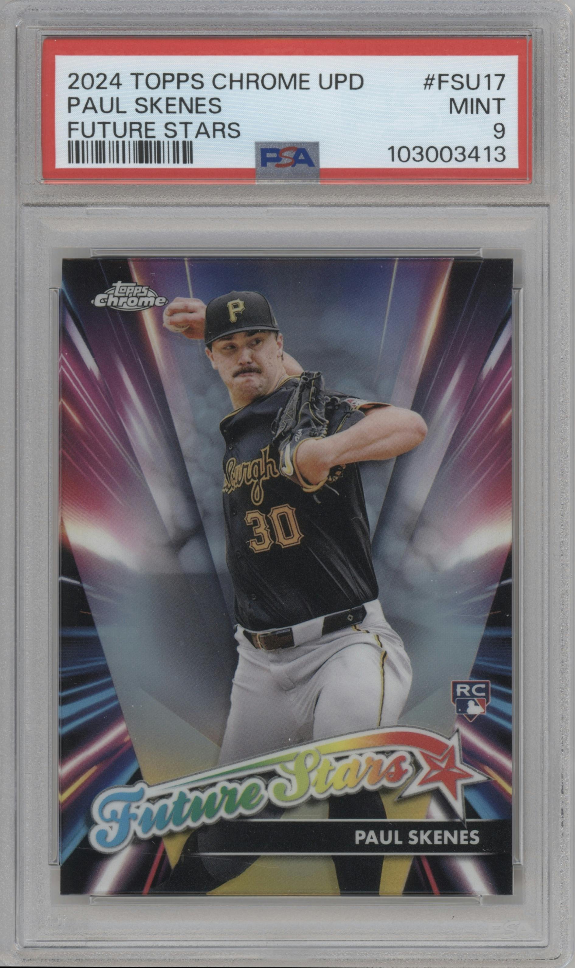 Paul Skenes from the 2024 Topps Chrome Update set graded by PSA and given an overall grade of 9.