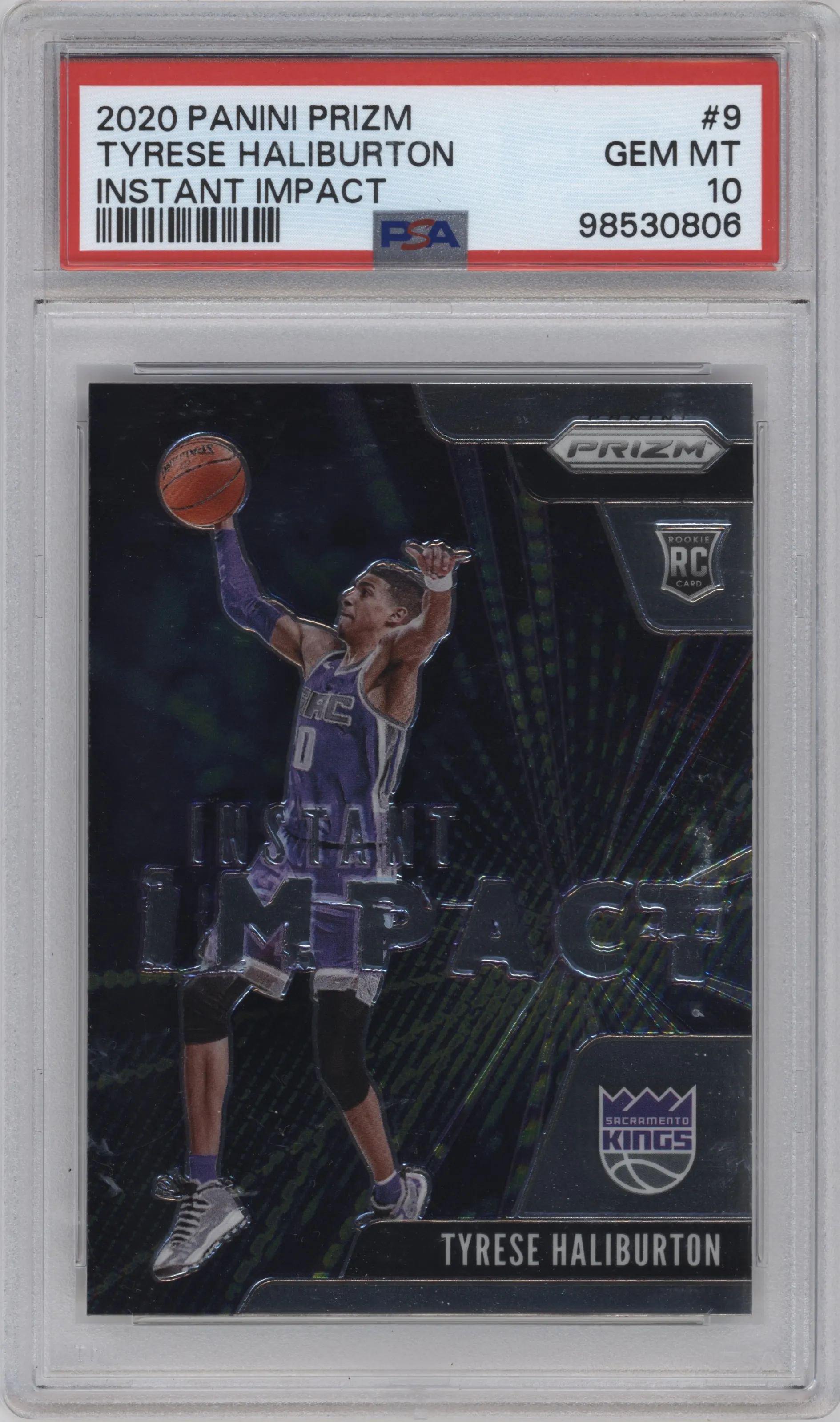 Tyrese Haliburton from the 2020-21 Panini Prizm set graded by PSA and given an overall grade of 10.