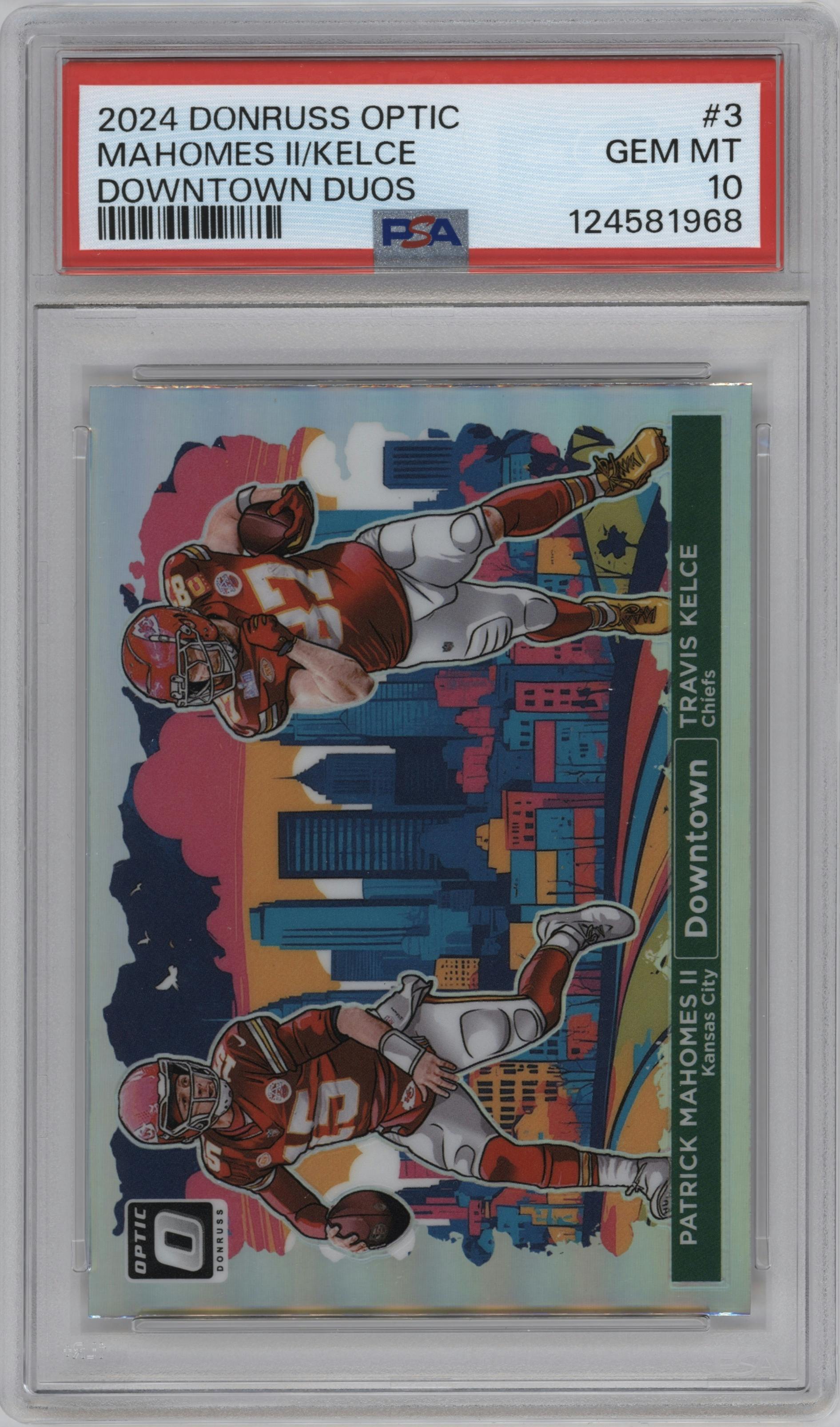 Patrick Mahomes II/Travis Kelce from the 2024 Donruss Optic set graded by PSA and given an overall grade of 10.