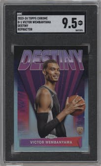 Victor Wembanyama from the 2023-24 Topps Chrome set featuring a Refractor parallel graded by SGC and given an overall grade of 9.5.