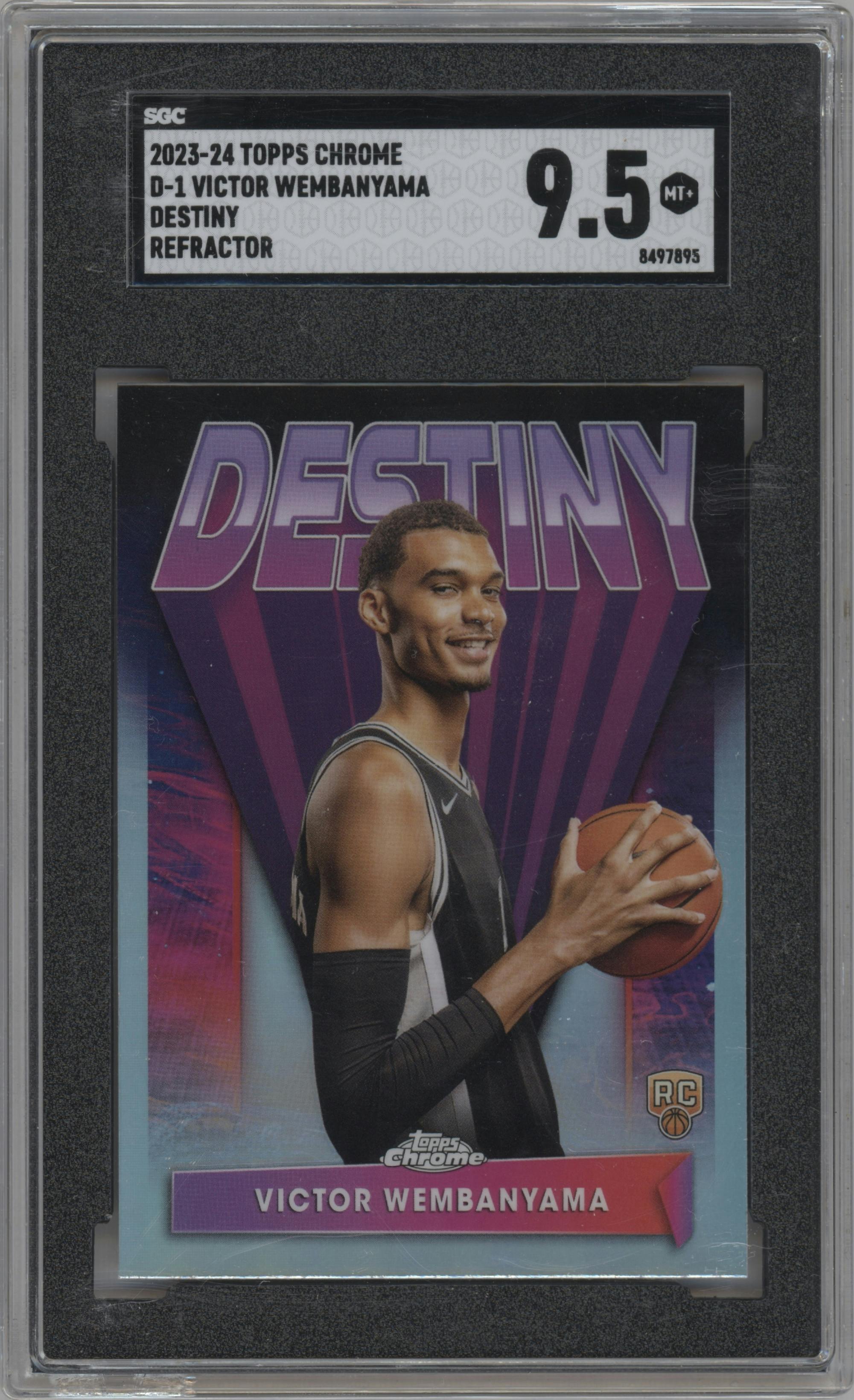 Victor Wembanyama from the 2023-24 Topps Chrome set featuring a Refractor parallel graded by SGC and given an overall grade of 9.5.