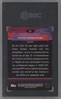 Victor Wembanyama from the 2023-24 Topps Chrome set featuring a Refractor parallel graded by SGC and given an overall grade of 9.5.