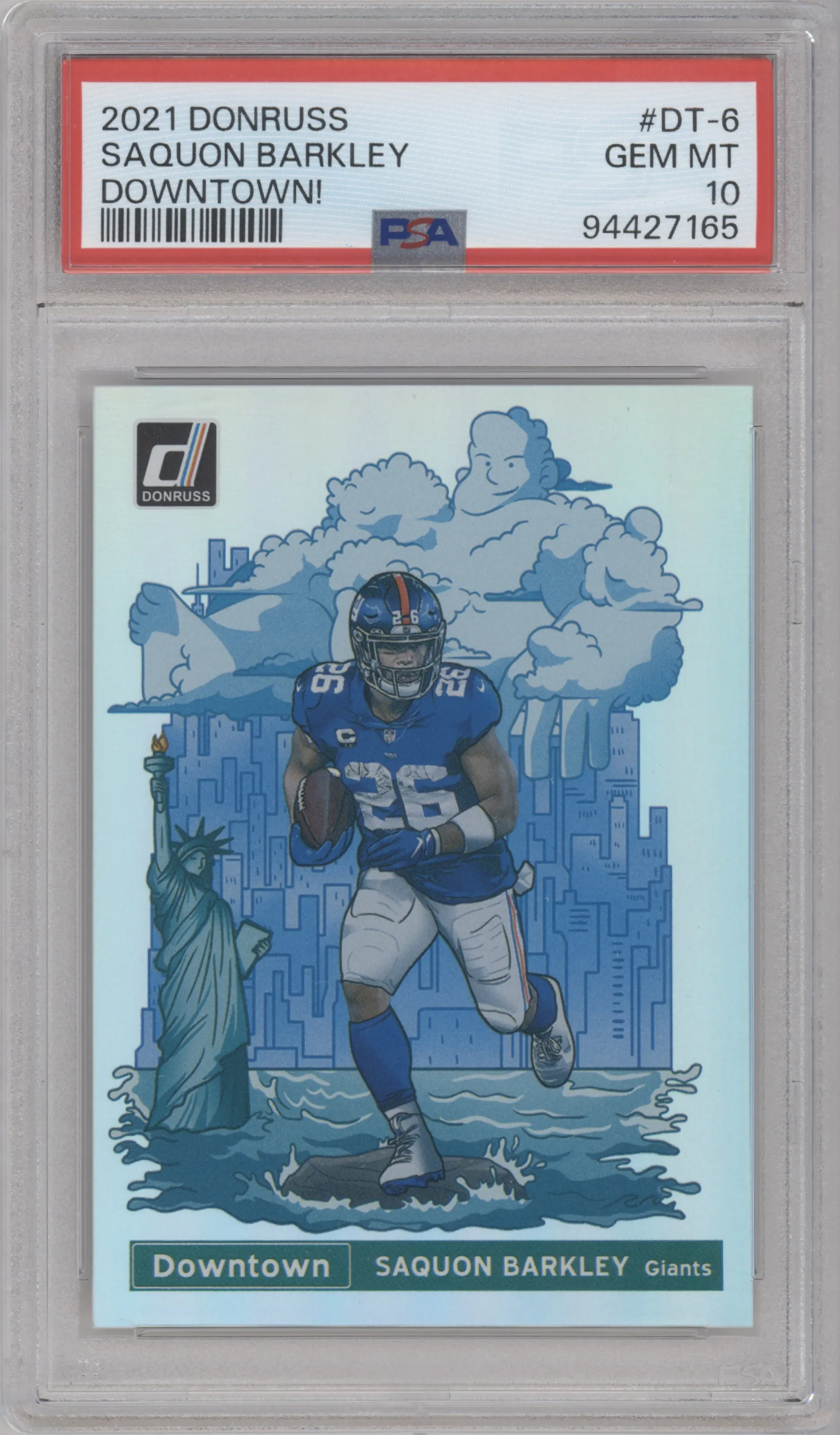 Saquon Barkley from the 2021 Panini Donruss set graded by PSA and given an overall grade of 10.