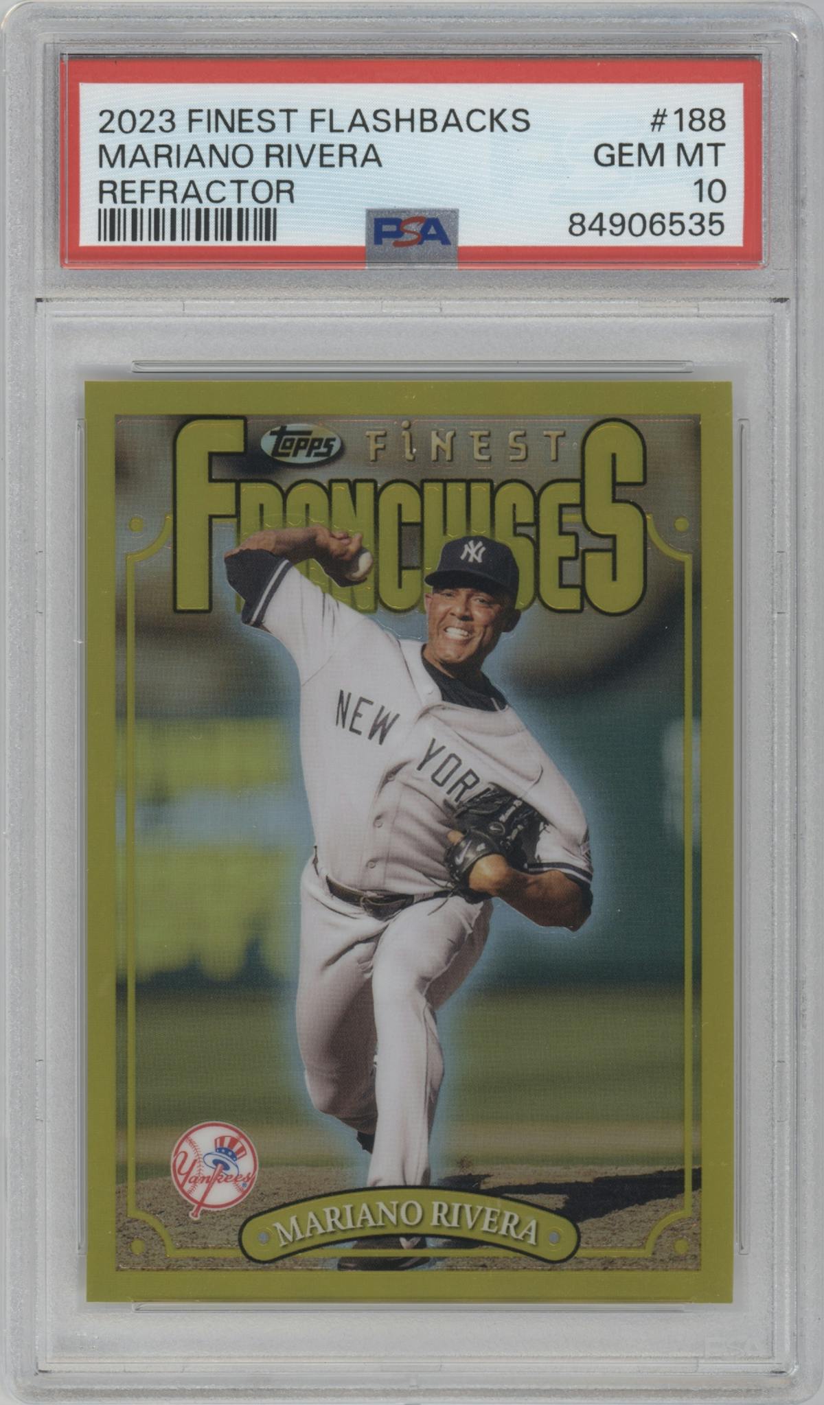 Mariano Rivera from the 2023 Topps Finest Flashbacks set featuring a Refractor parallel graded by PSA and given an overall grade of 10.