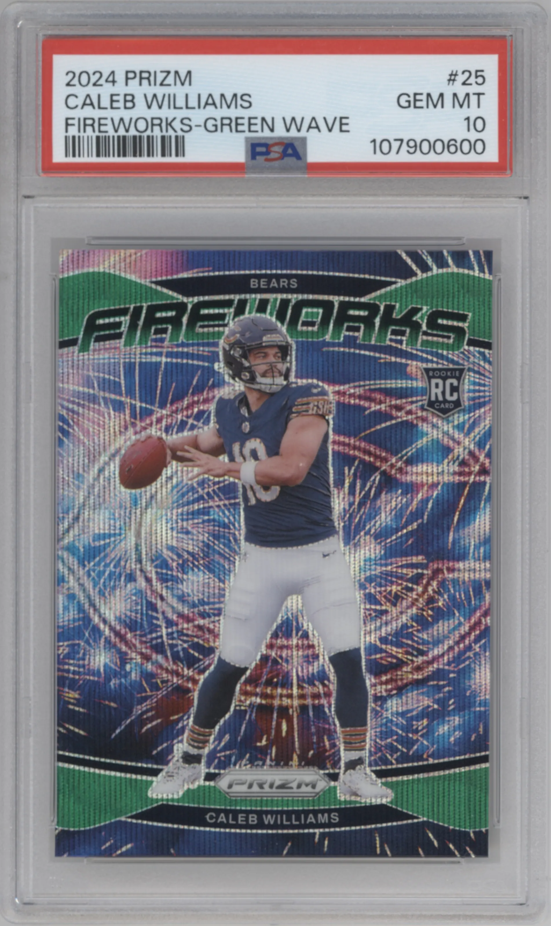 Caleb Williams from the 2024 Panini Prizm set featuring a Green Wave parallel graded by PSA and given an overall grade of 10.