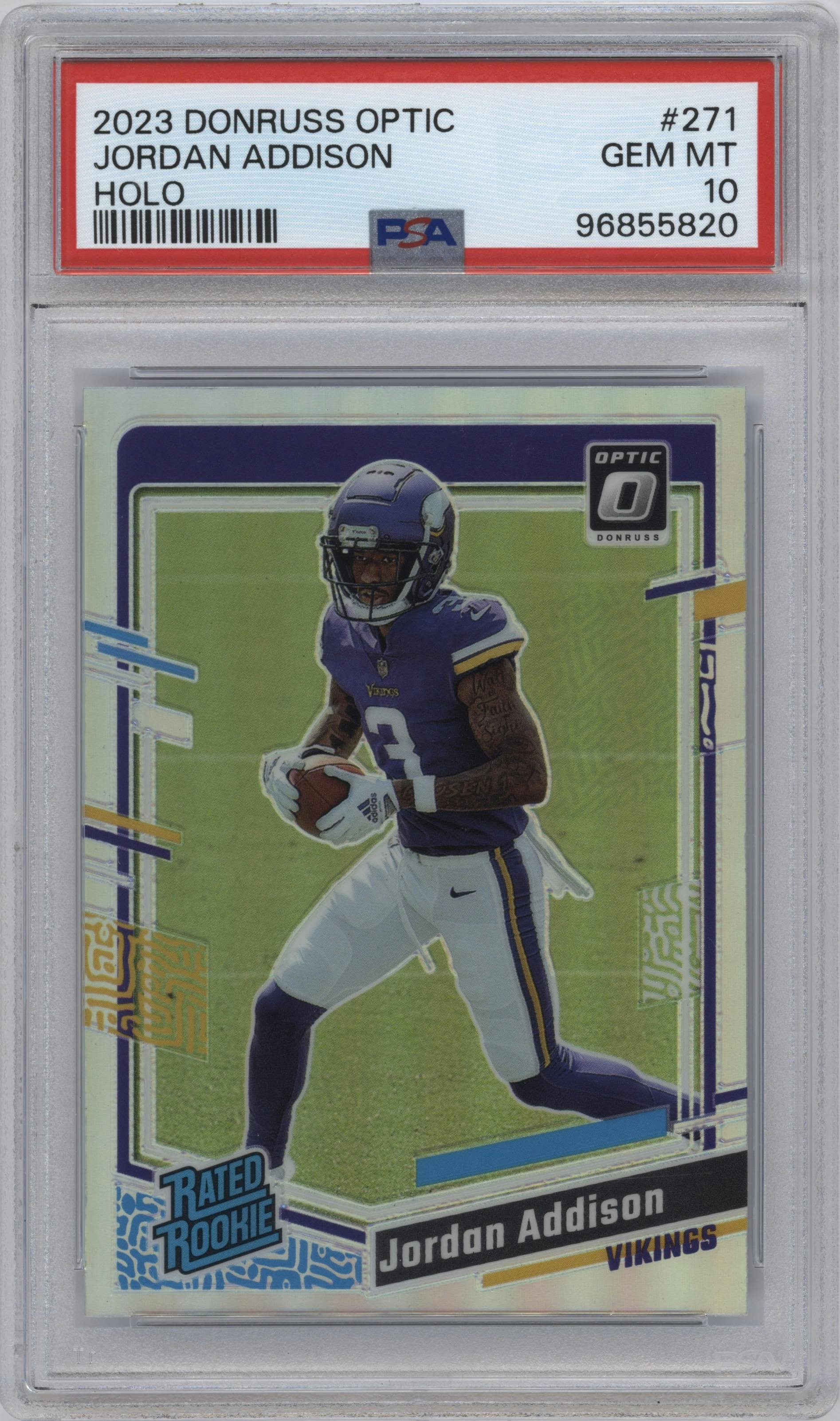 Jordan Addison from the 2023 Donruss Optic set featuring a Holo parallel graded by PSA and given an overall grade of 10.