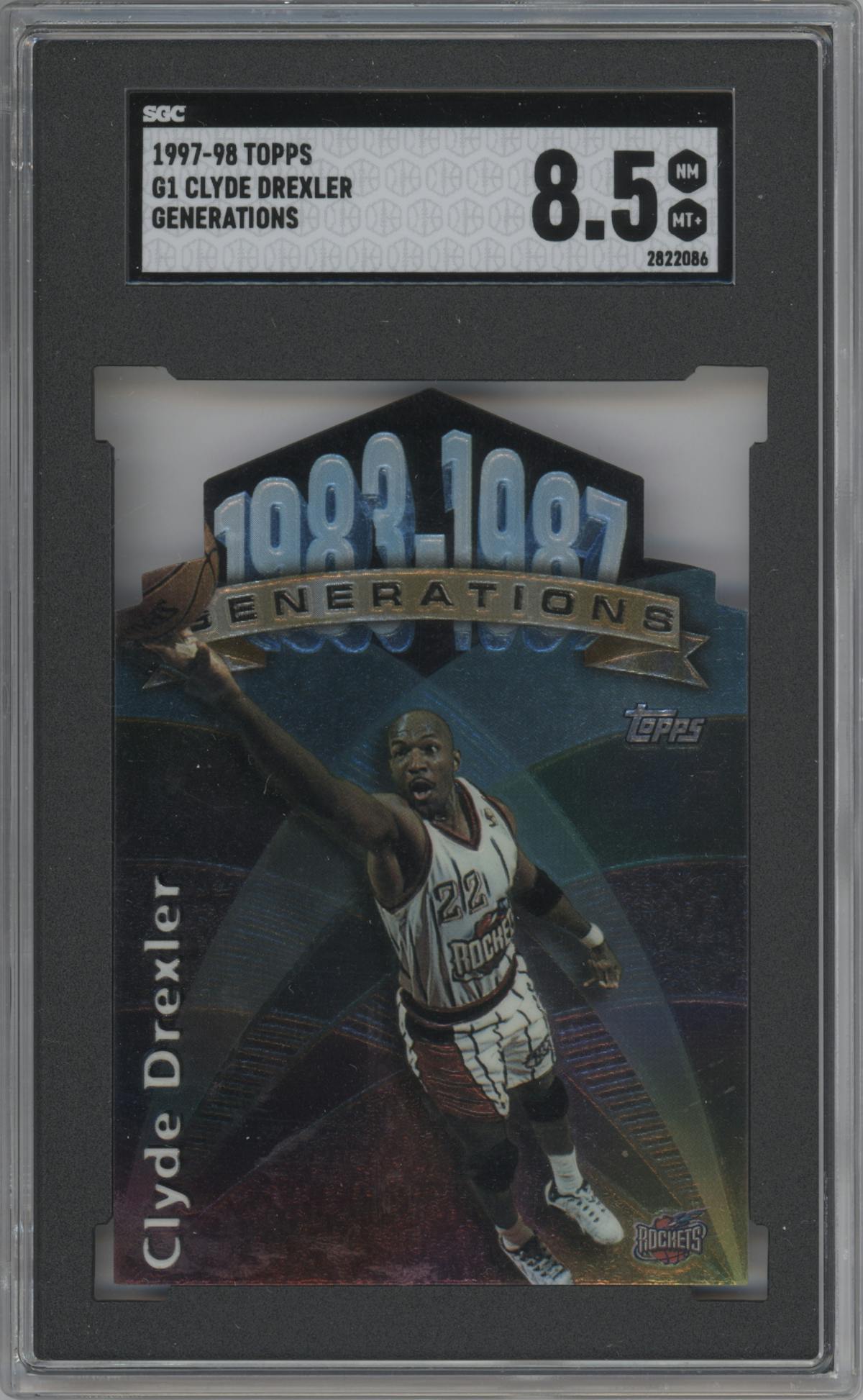 Clyde Drexler from the 1997-98 Topps  set graded by SGC and given an overall grade of 8.5.