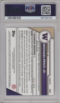 Michael Penix Jr. from the 2023 Bowman Chrome University set featuring a Refractor parallel graded by PSA and given an overall grade of 9.
