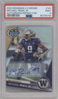 Michael Penix Jr. from the 2023 Bowman Chrome University set featuring a Refractor parallel graded by PSA and given an overall grade of 9.