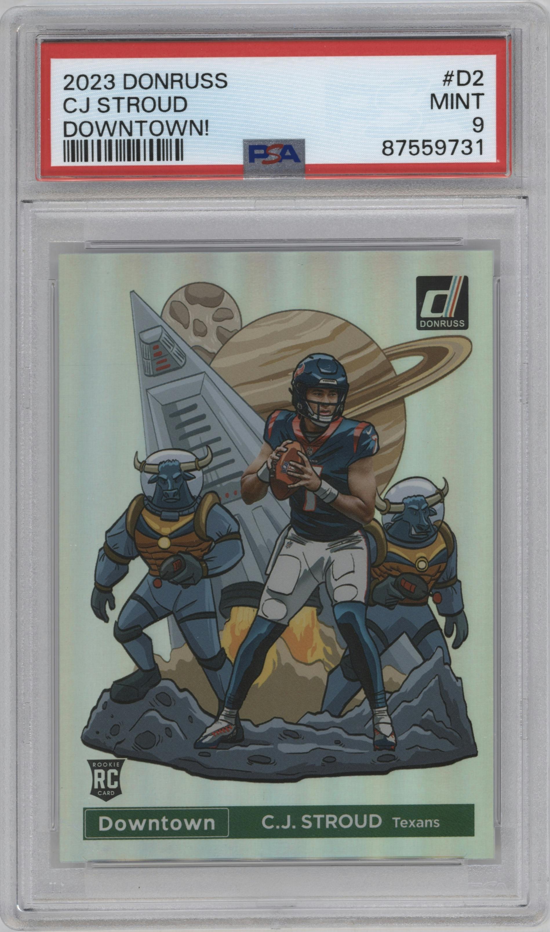 C.J. Stroud from the 2023 Panini Donruss set graded by PSA and given an overall grade of 9.