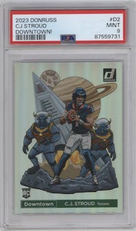 C.J. Stroud from the 2023 Panini Donruss set graded by PSA and given an overall grade of 9.