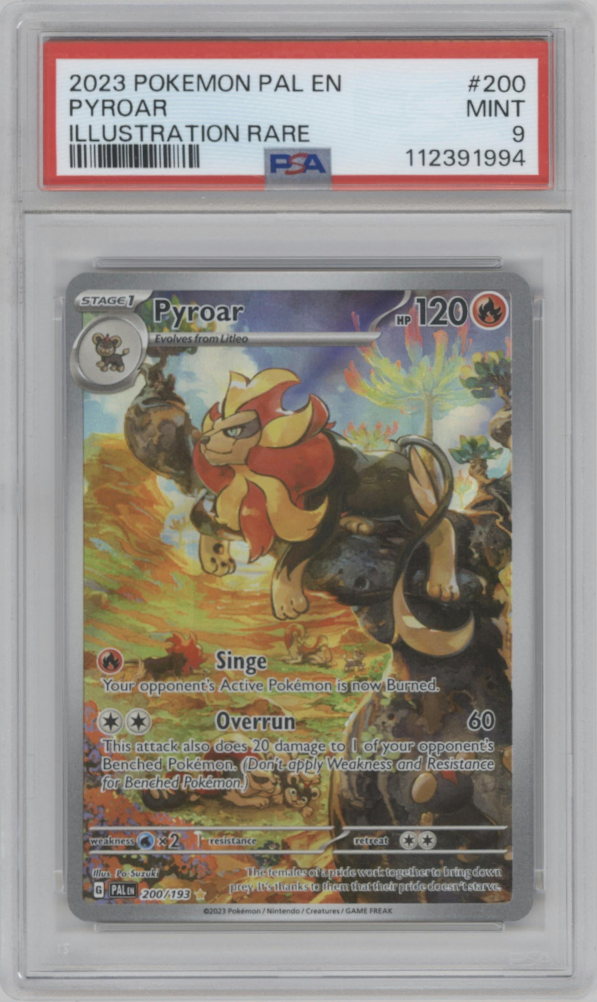 Pyroar from the 2023 Pokemon SV set graded by PSA and given an overall grade of 9.