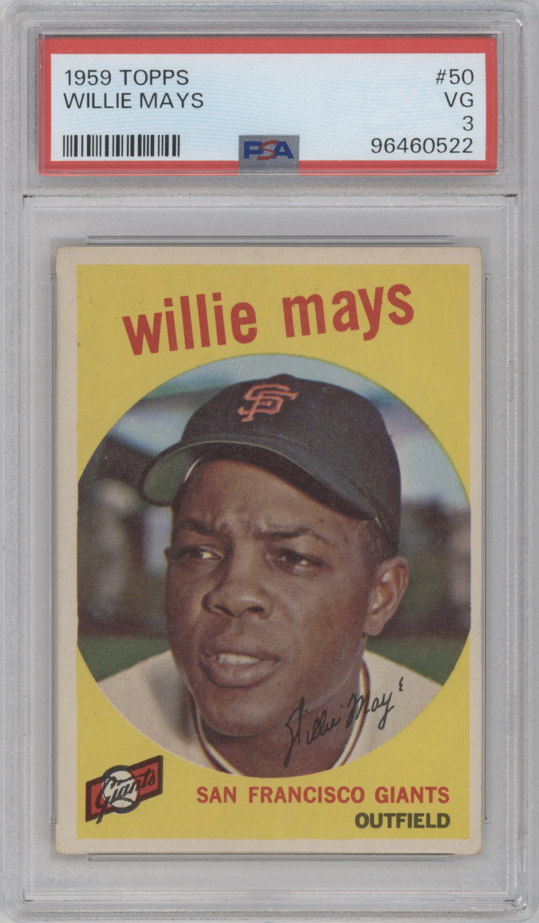 Willie Mays from the 1959 Topps set graded by PSA and given an overall grade of 3.
