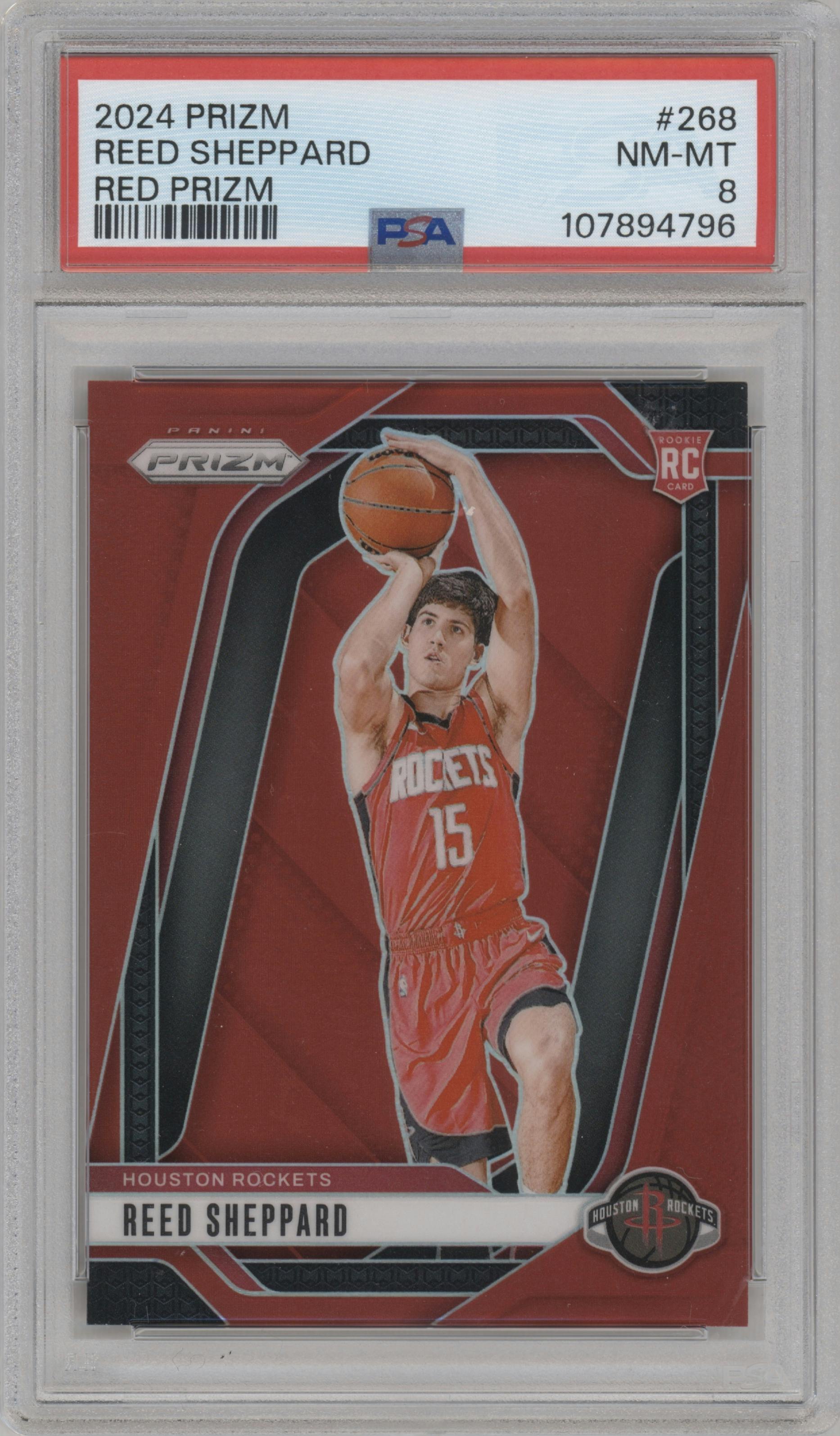 Reed Sheppard from the 2024-25 Panini Prizm set featuring a Red Prizm parallel graded by PSA and given an overall grade of 8.