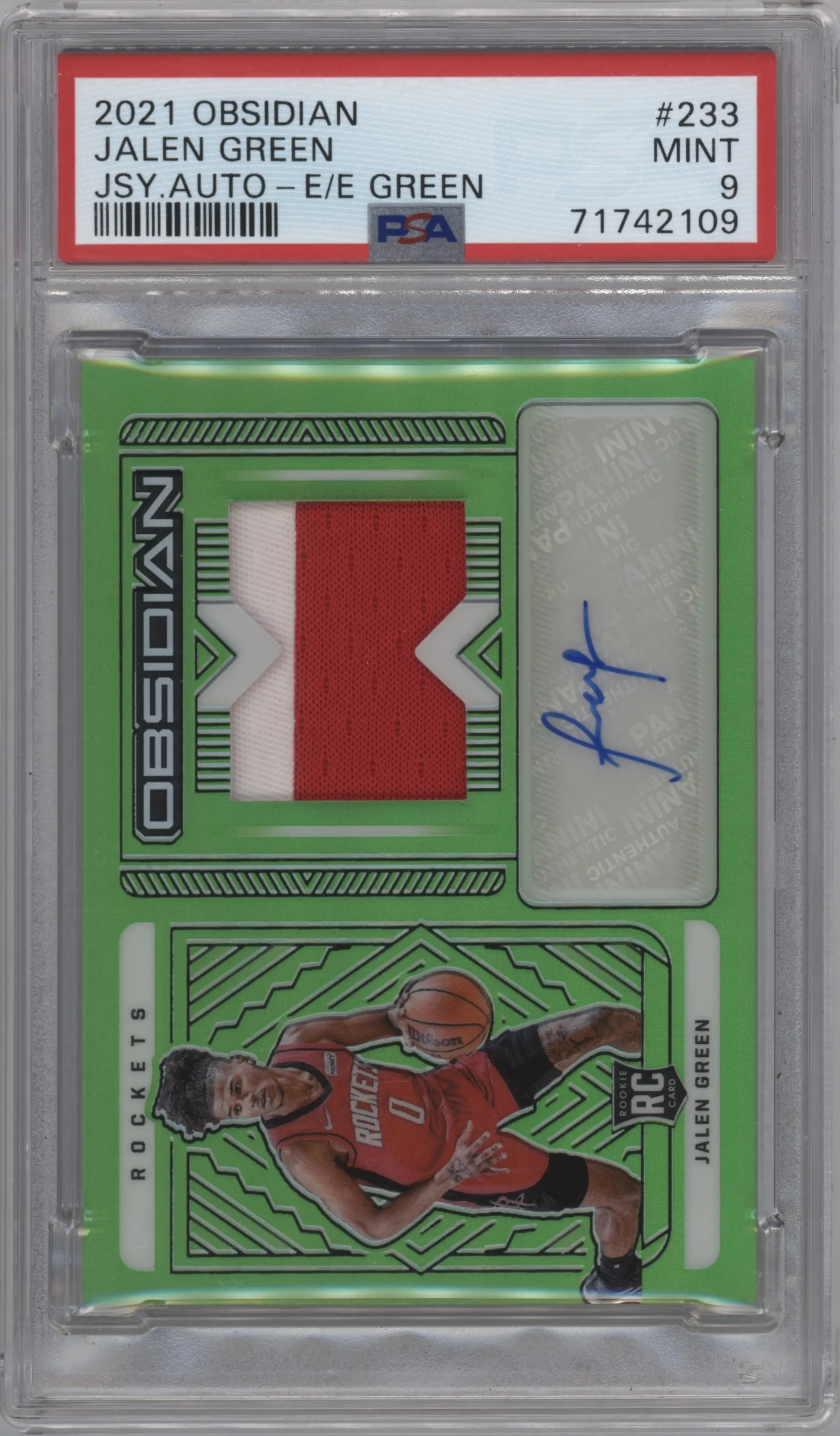 Jalen Green from the 2021-22 Panini Obsidian set featuring a Electric Etch Green Flood parallel graded by PSA and given an overall grade of 9.