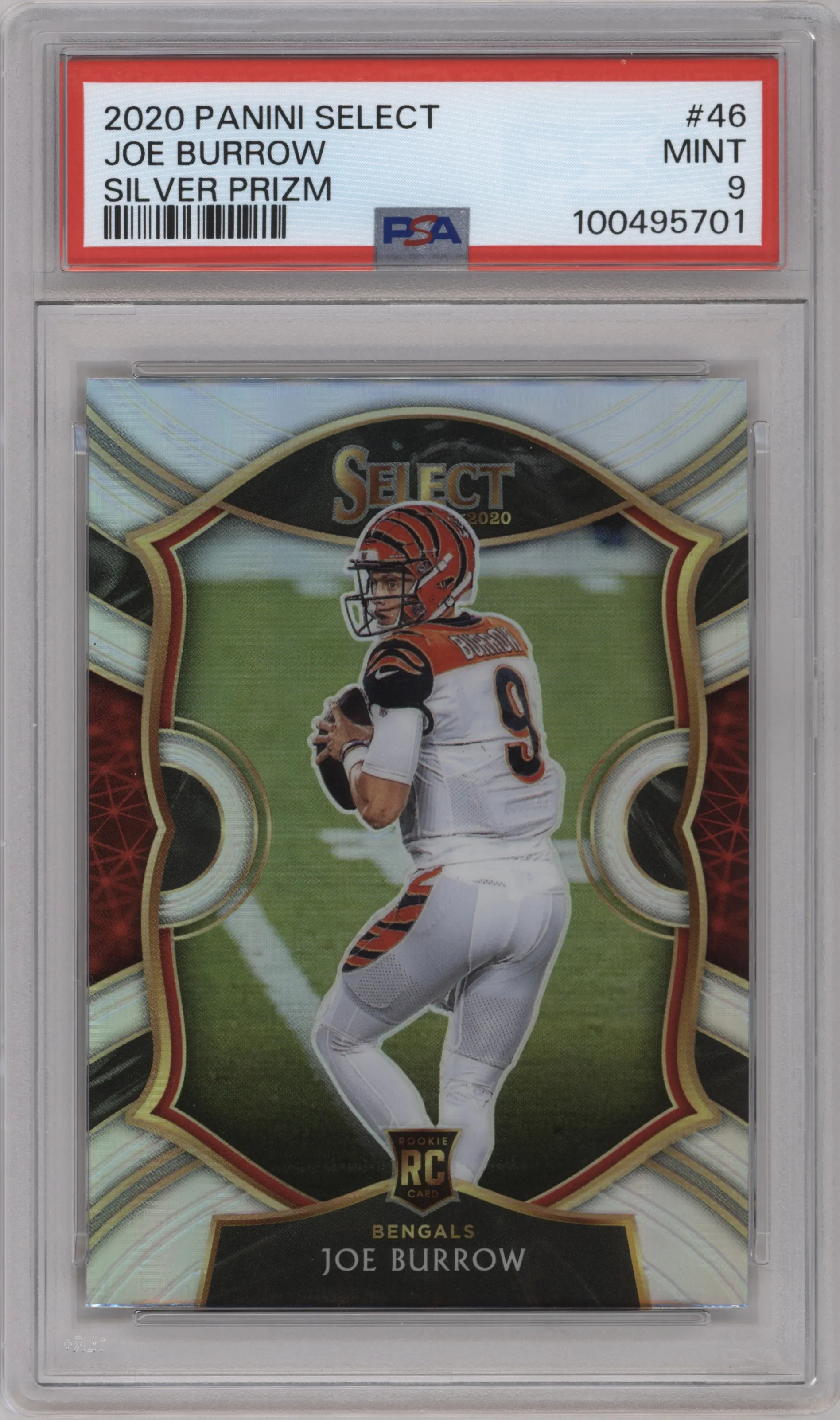 Joe Burrow from the 2020 Panini Select set featuring a Silver Prizm parallel graded by PSA and given an overall grade of 9.