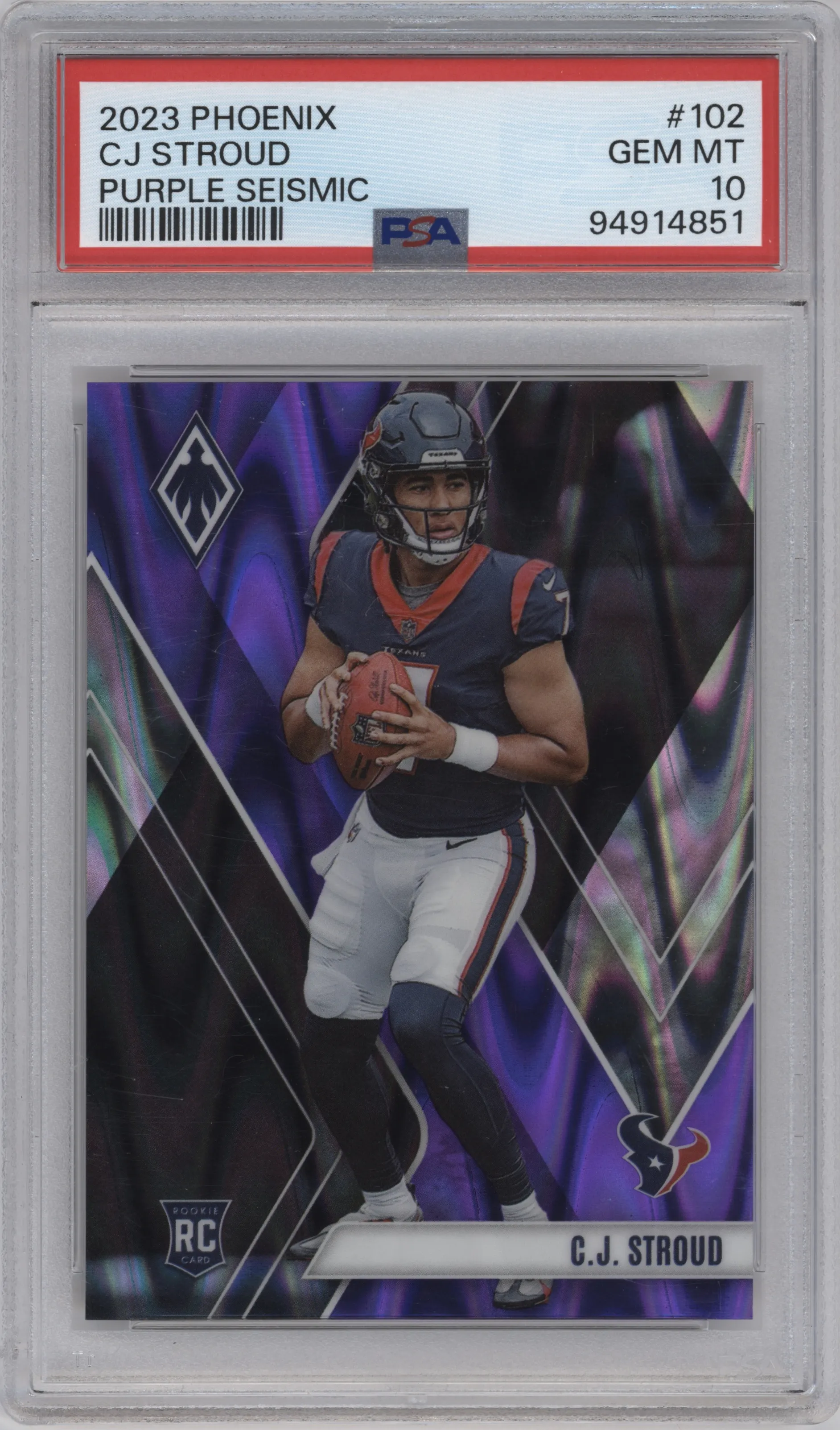 C.J. Stroud from the 2023 Panini Phoenix set featuring a Purple Seismic parallel graded by PSA and given an overall grade of 10.