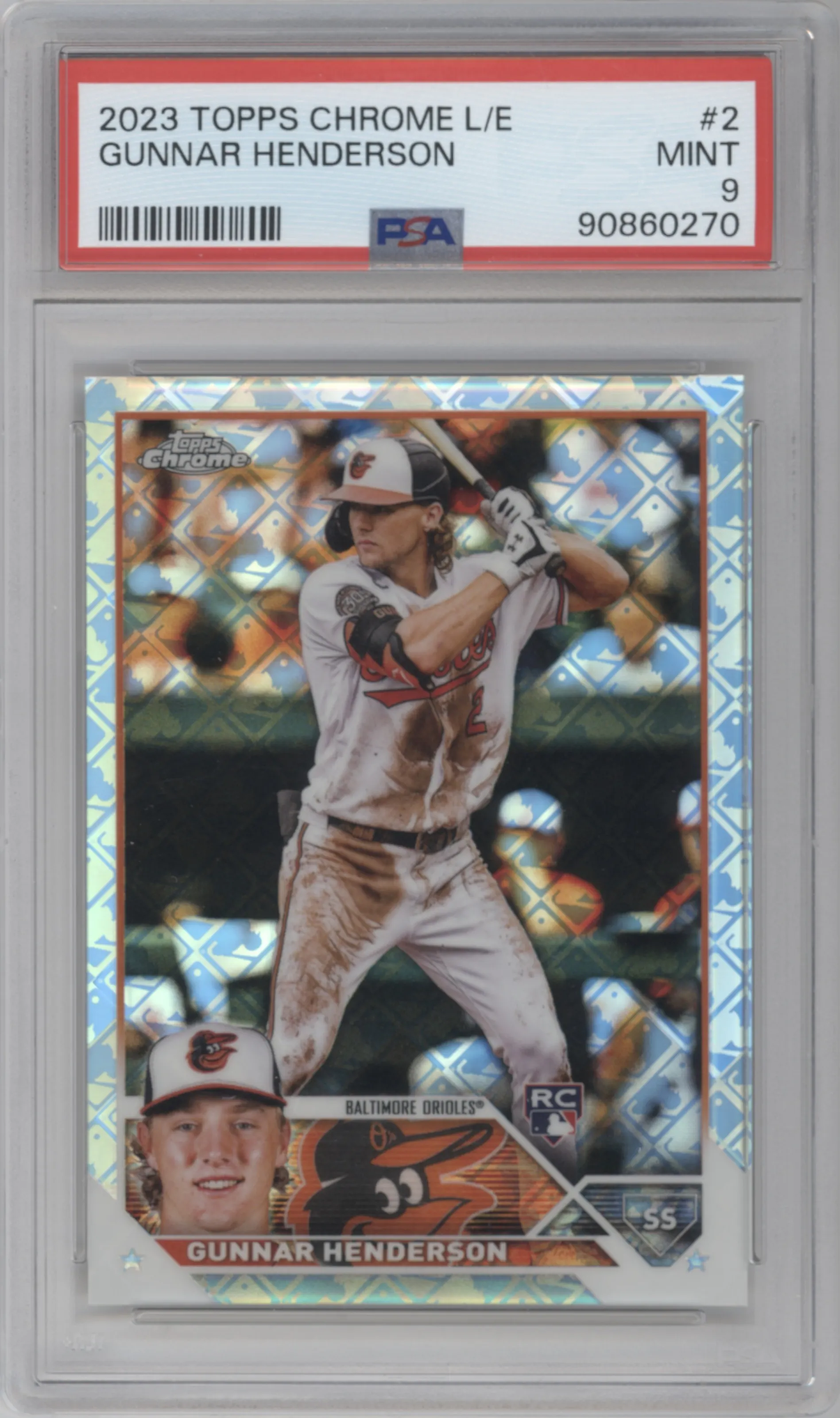 Gunnar Henderson from the 2023 Topps Chrome Logofractor Edition set graded by PSA and given an overall grade of 9.