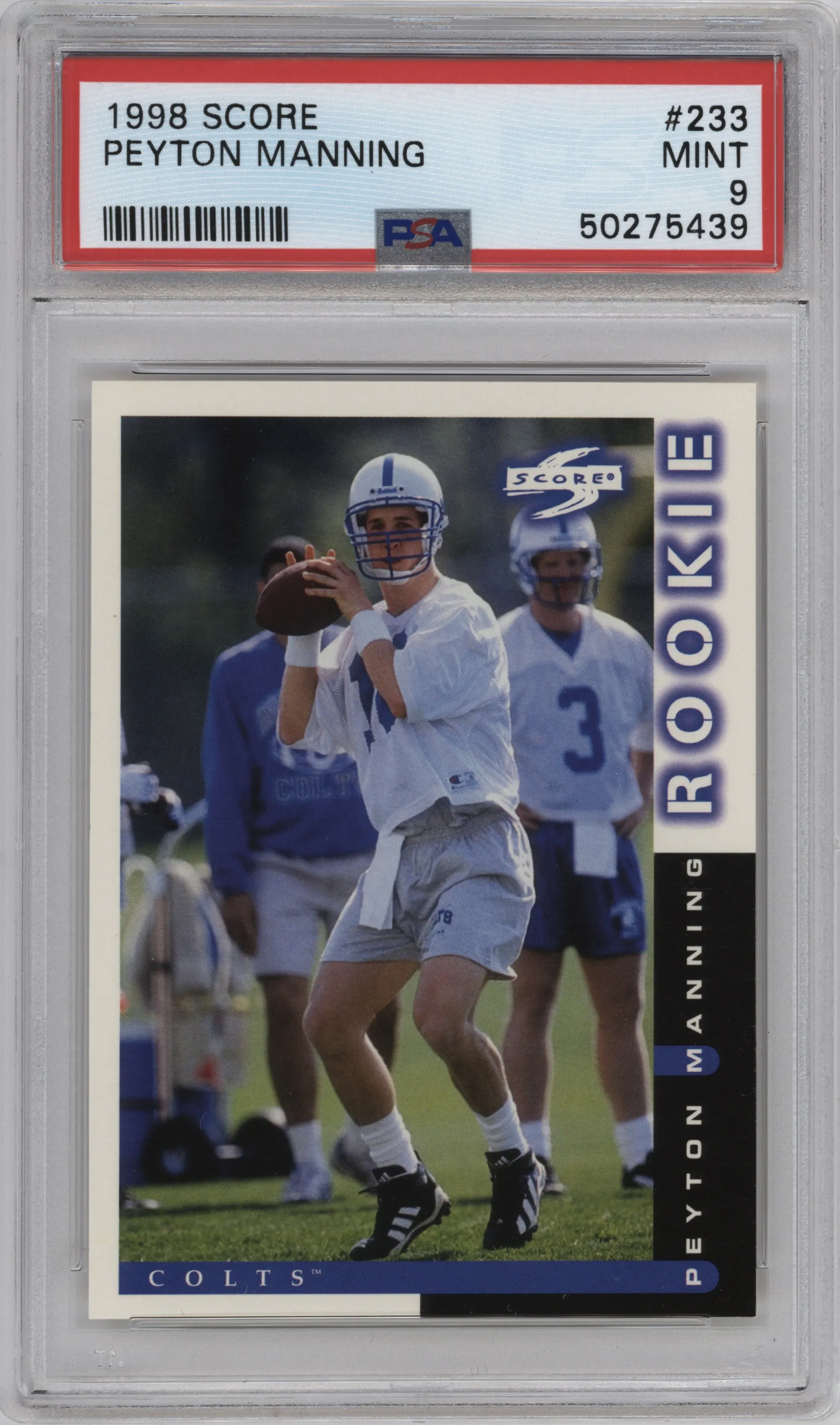 Peyton Manning from the 1998 Score set graded by PSA and given an overall grade of 9.