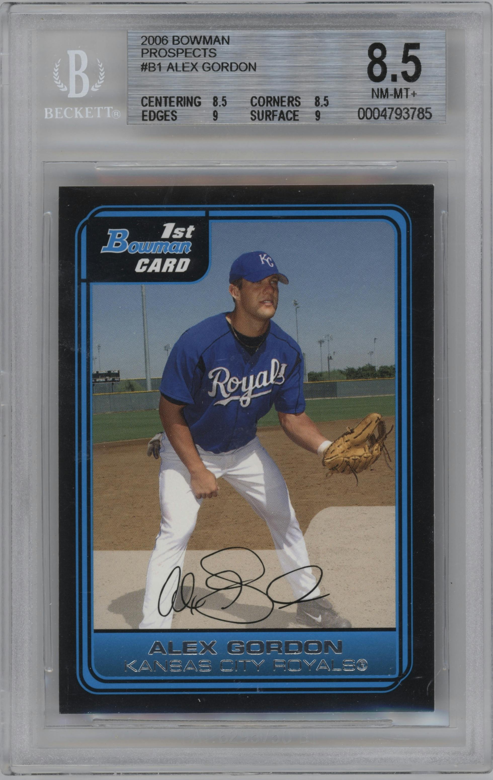 Alex Gordon from the 2006 Bowman set graded by Beckett and given an overall grade of 8.5.