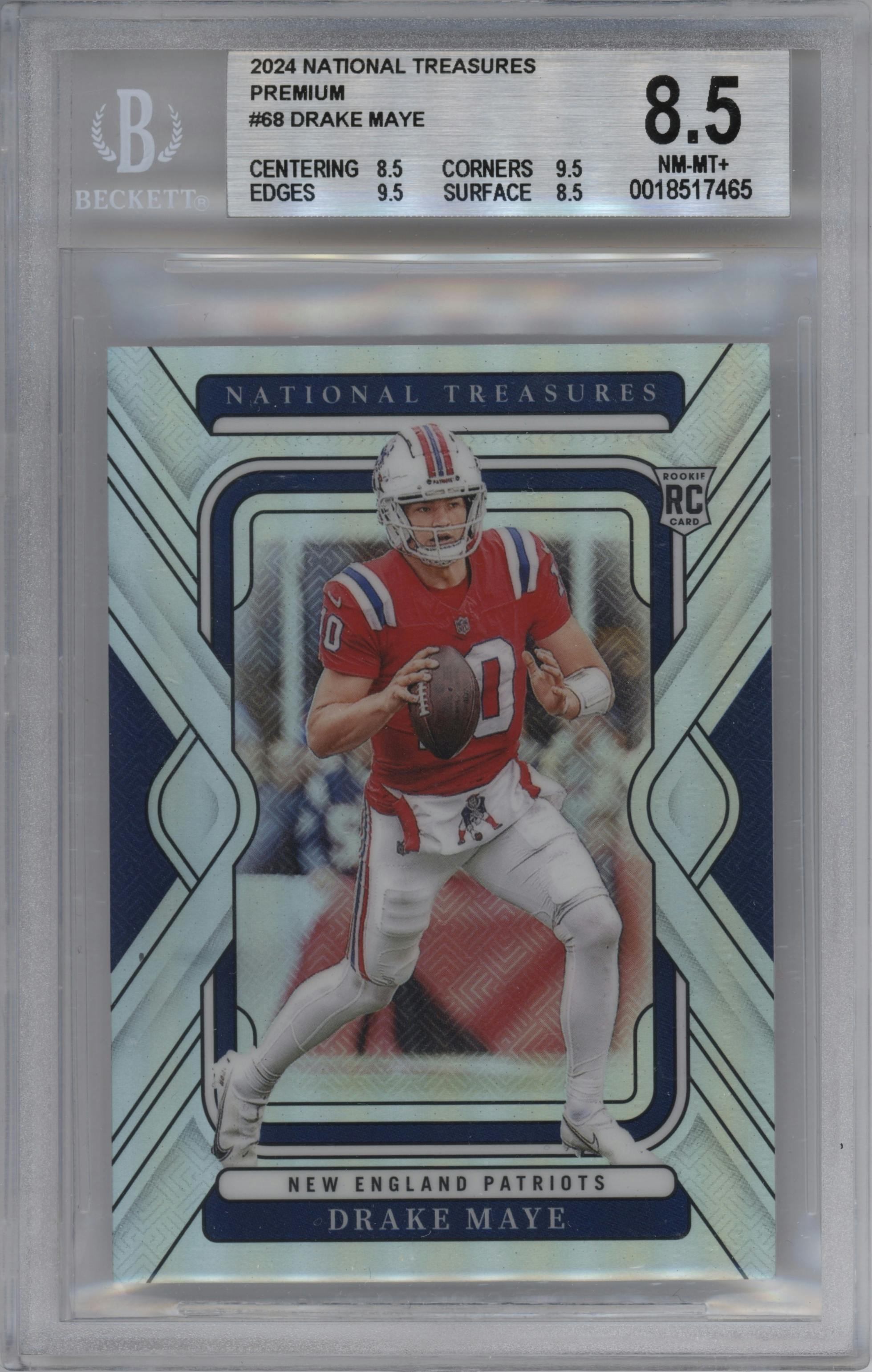 Drake Maye from the 2024 Panini National Treasures set featuring a Premium parallel graded by Beckett and given an overall grade of 8.5.