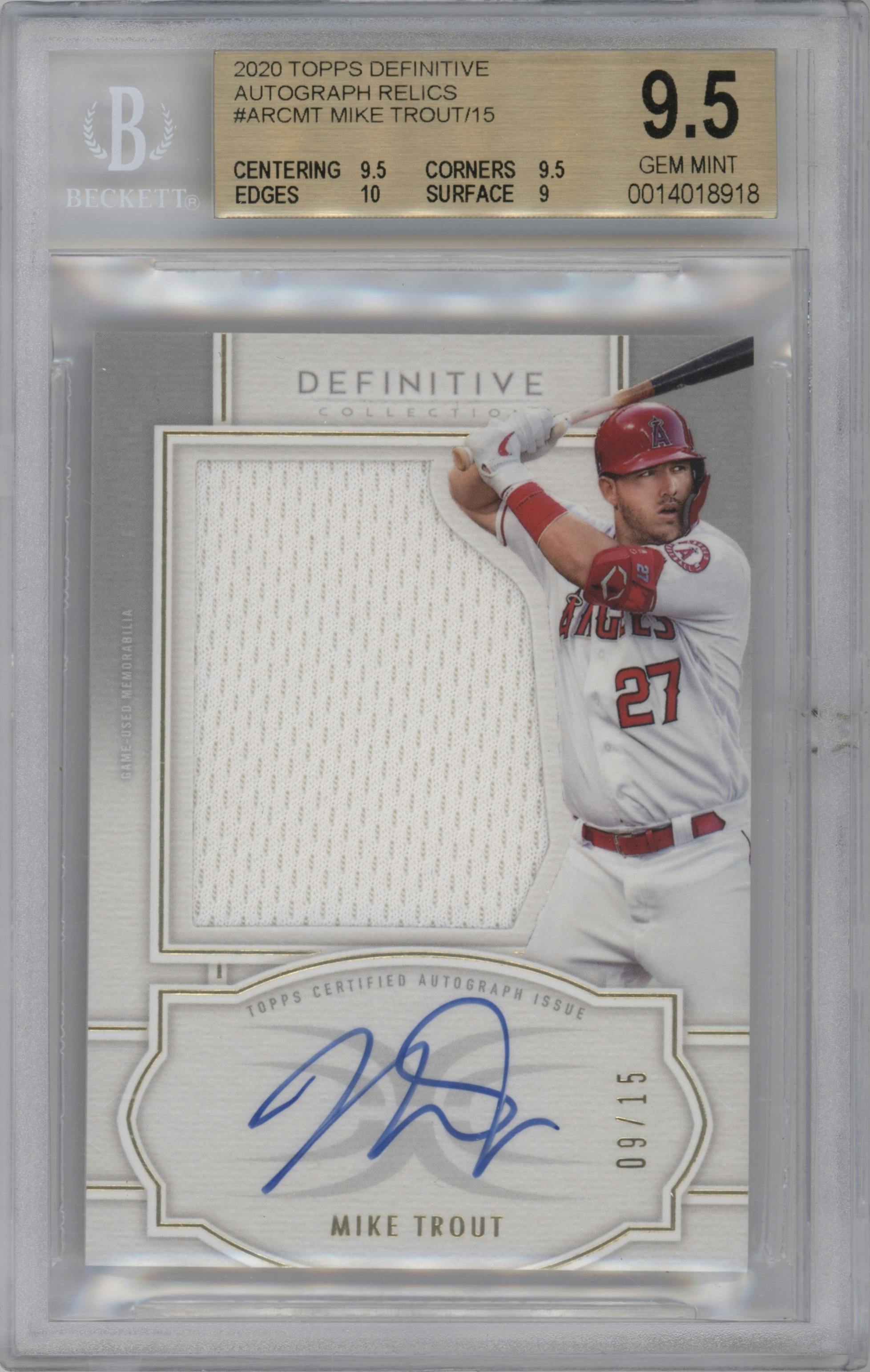Mike Trout from the 2020 Topps Definitive Collection set graded by Beckett and given an overall grade of 9.5.