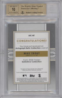 Mike Trout from the 2020 Topps Definitive Collection set graded by Beckett and given an overall grade of 9.5.
